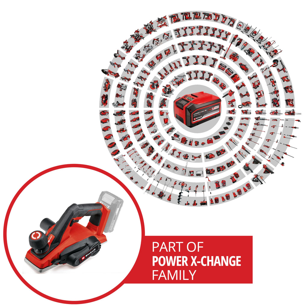 Einhell Akku-Hobel TE-PL 18/82 Li-Solo Power X-Change (18 V, 82 mm Hobelbreite, bis 2 mm Spantiefe, Falztiefen-/Parallelanschlag, autom. Parkschuh, inkl. 2x Wendemesser, ohne Akku)