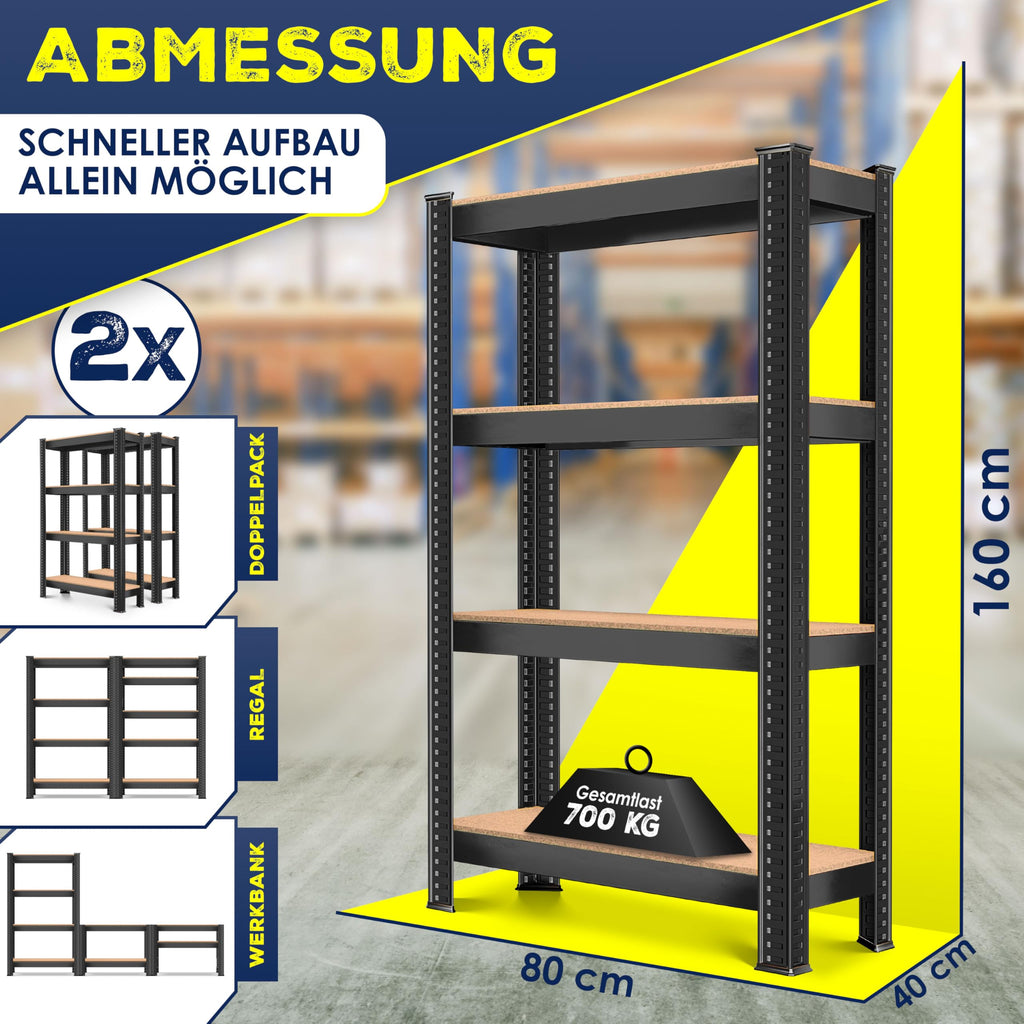 MASKO® 2er-Set Lagerregal Schwerlastregal, Kellerregal, 160 x 80 x 40 cm, bis 700kg belastbar, 4 verstellbare Ablagen, MDF-Platten Regal aus Metall, Steckregal, Werkstattregal, Keller, Garage Schwarz