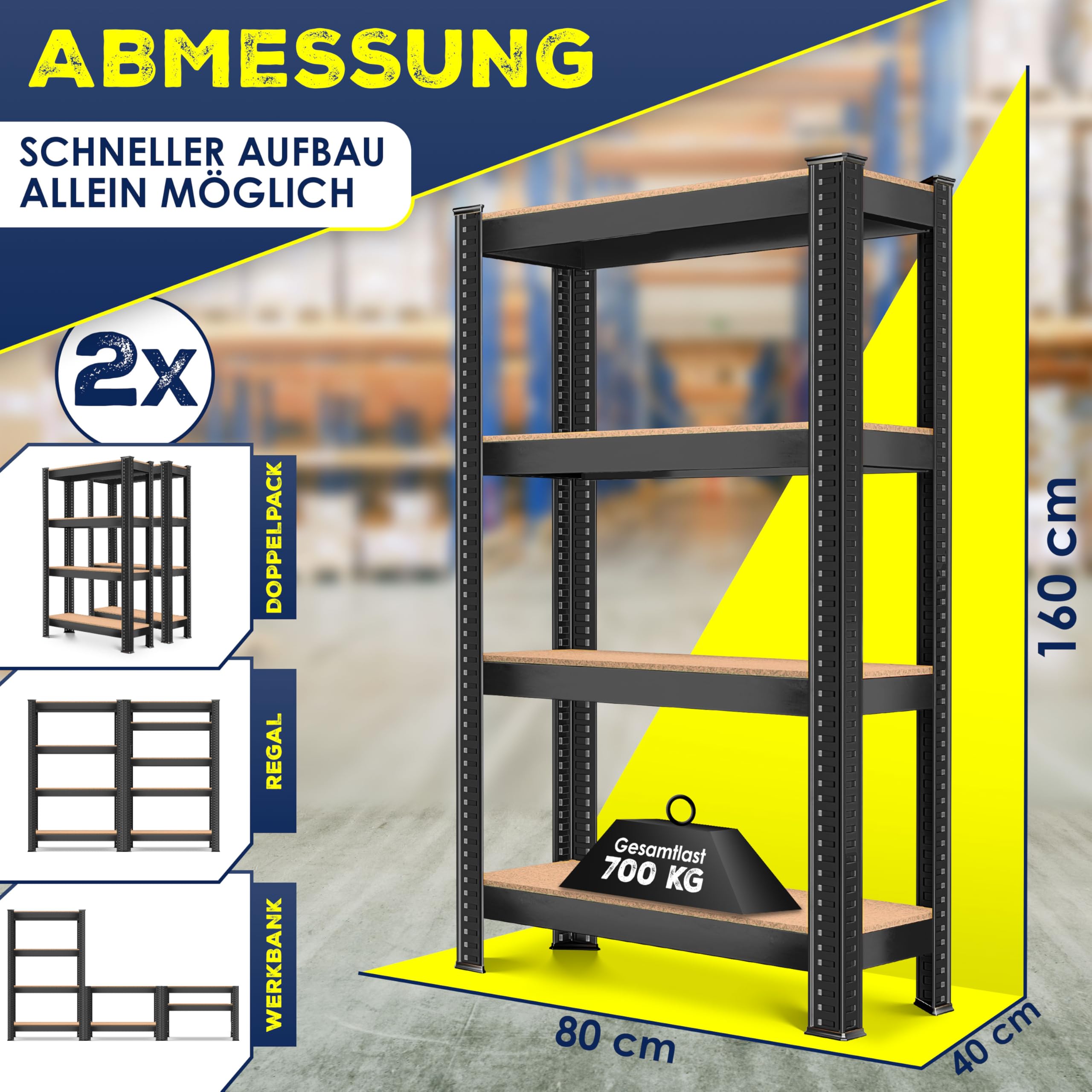 MASKO® 2er-Set Lagerregal Schwerlastregal, Kellerregal, 160 x 80 x 40 cm, bis 700kg belastbar, 4 verstellbare Ablagen, MDF-Platten Regal aus Metall, Steckregal, Werkstattregal, Keller, Garage Schwarz
