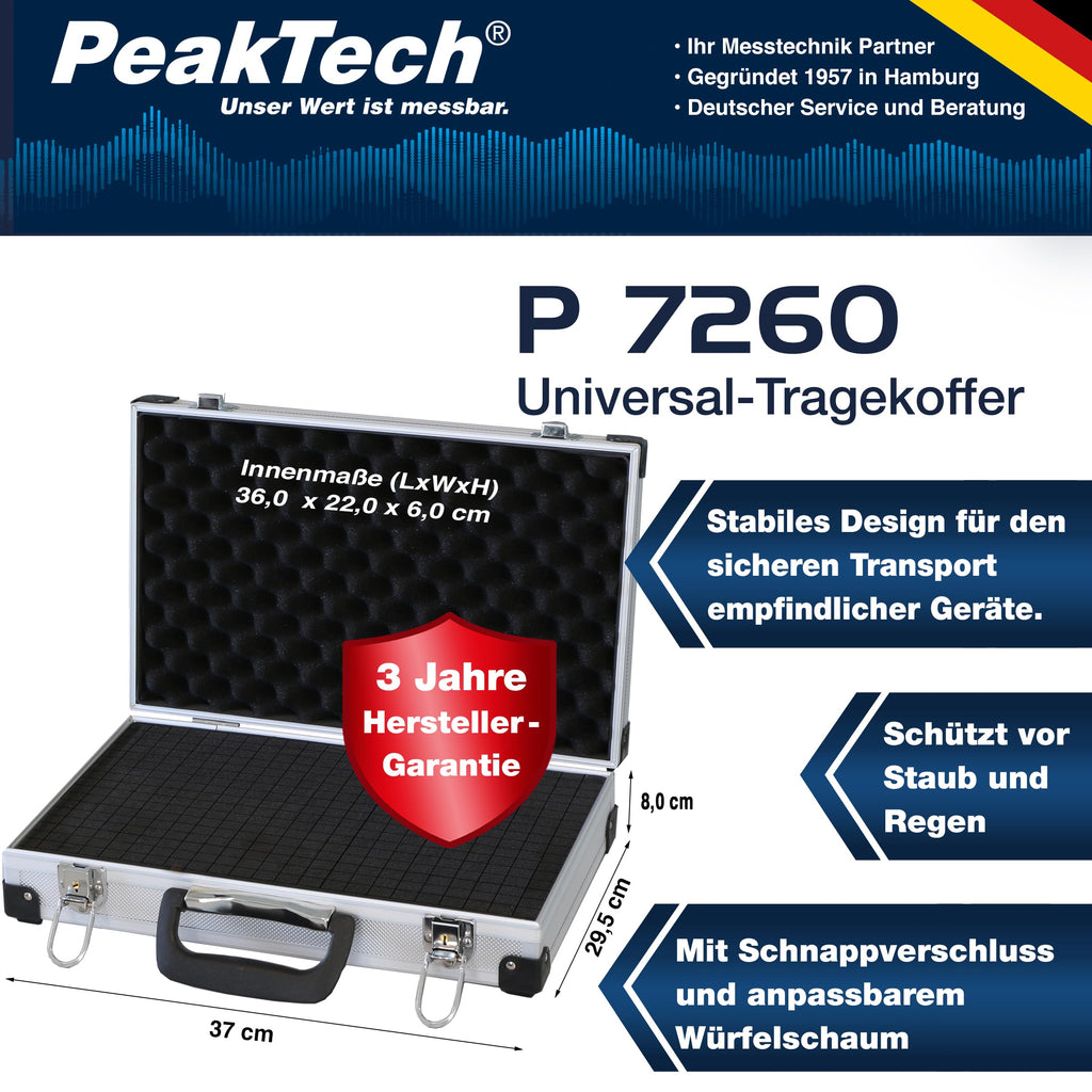 PeakTech Alukoffer P 7260 – abschließbarer Universal-Transportkoffer mit Würfelschaumstoff – tragbarer Fotokoffer – robuster Alu Koffer mit Schutz vor Regen und Staub – groß (370 x 230 x 80mm)