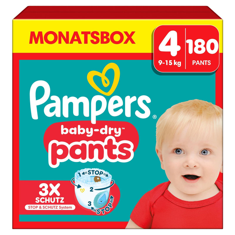 Pampers Baby-Dry Pants Größe 4, 180 Windeln, 9kg-15kg, 360 Grad Celsius Passform hilft, Auslaufen zu verhindern