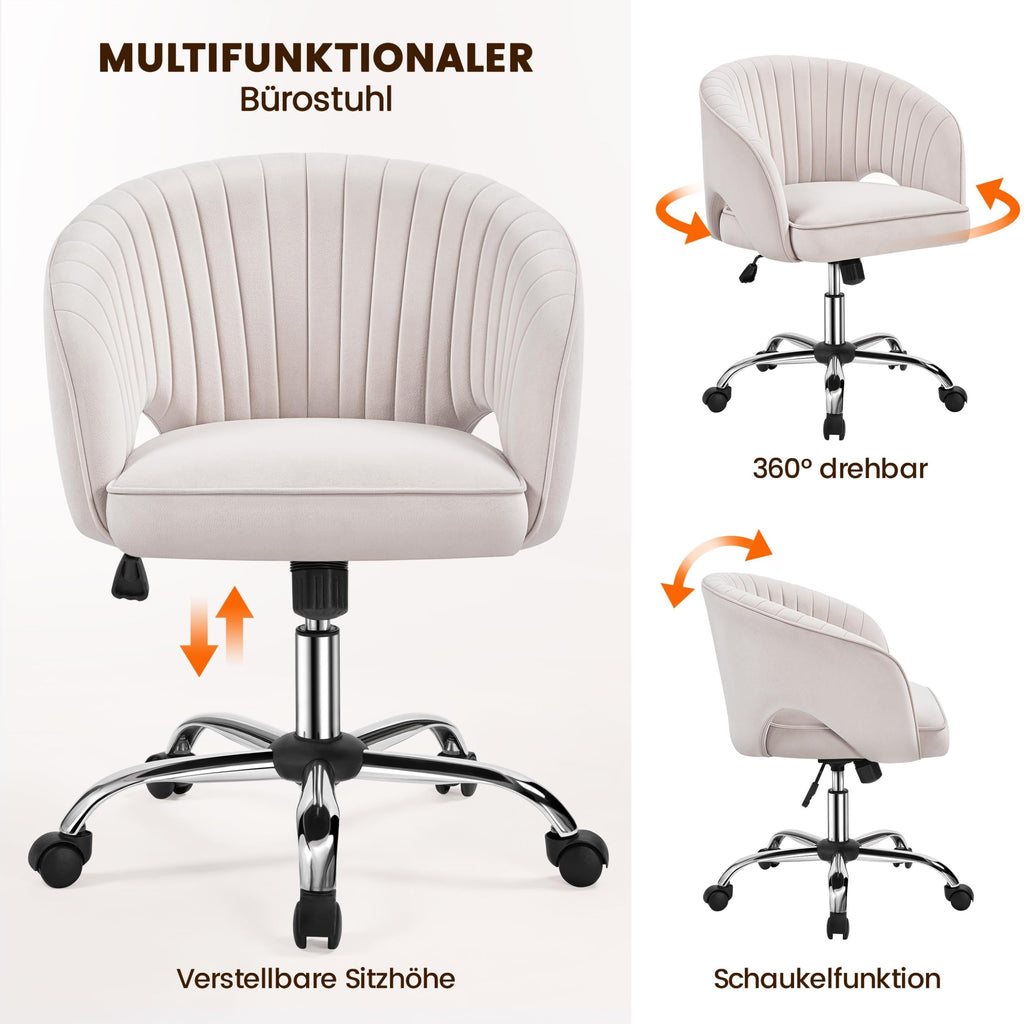 Yaheetech Schminkstuhl mit Samtbezug, Schreibtischstuhl mit Armlehnen, Drehstuhl mit Rollen, Höhenverstellbar Homeoffice Stuhl, Bürosessel mit Schaukelfunktion, drehbar Polsterstuhl Cremeweiß