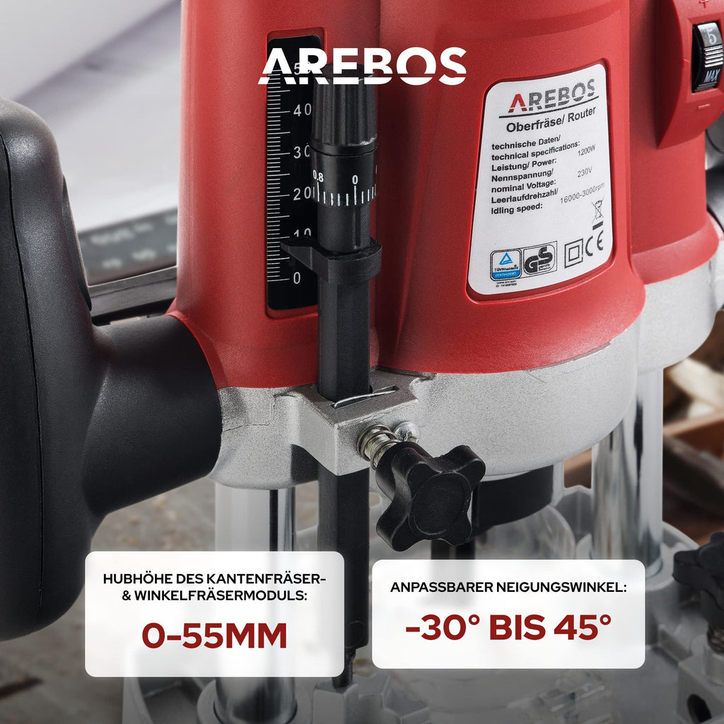 Arebos Oberfräse mit Koffer (1200 W, Ø 6 und 8 mm, Drehzahlregelung, Parallelanschlag, Reduzierstück, Kopierhülse, Absaugadapter, inkl. Zubehör) inkl. Fräser Set 12-teilig