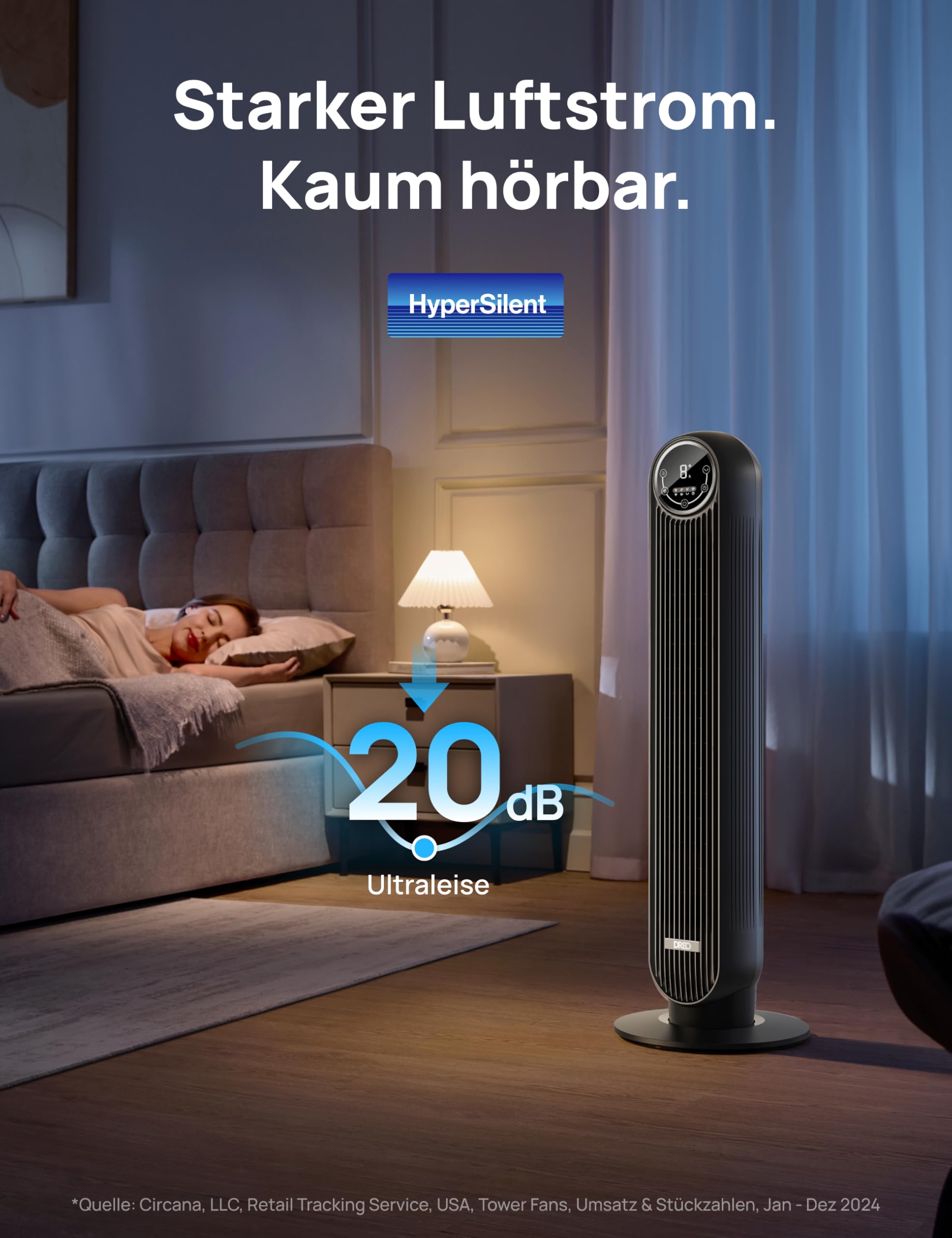 Dreo 20dB Leiser Turmventilator, 10 m Wurfweite 4 Geschwindigstufen 4 Modi 8 Std. Timer 90° oszillierende Ventilator mit Kühlung Fernbedienung für Schlafzimmer, Nomad One, Schwarz