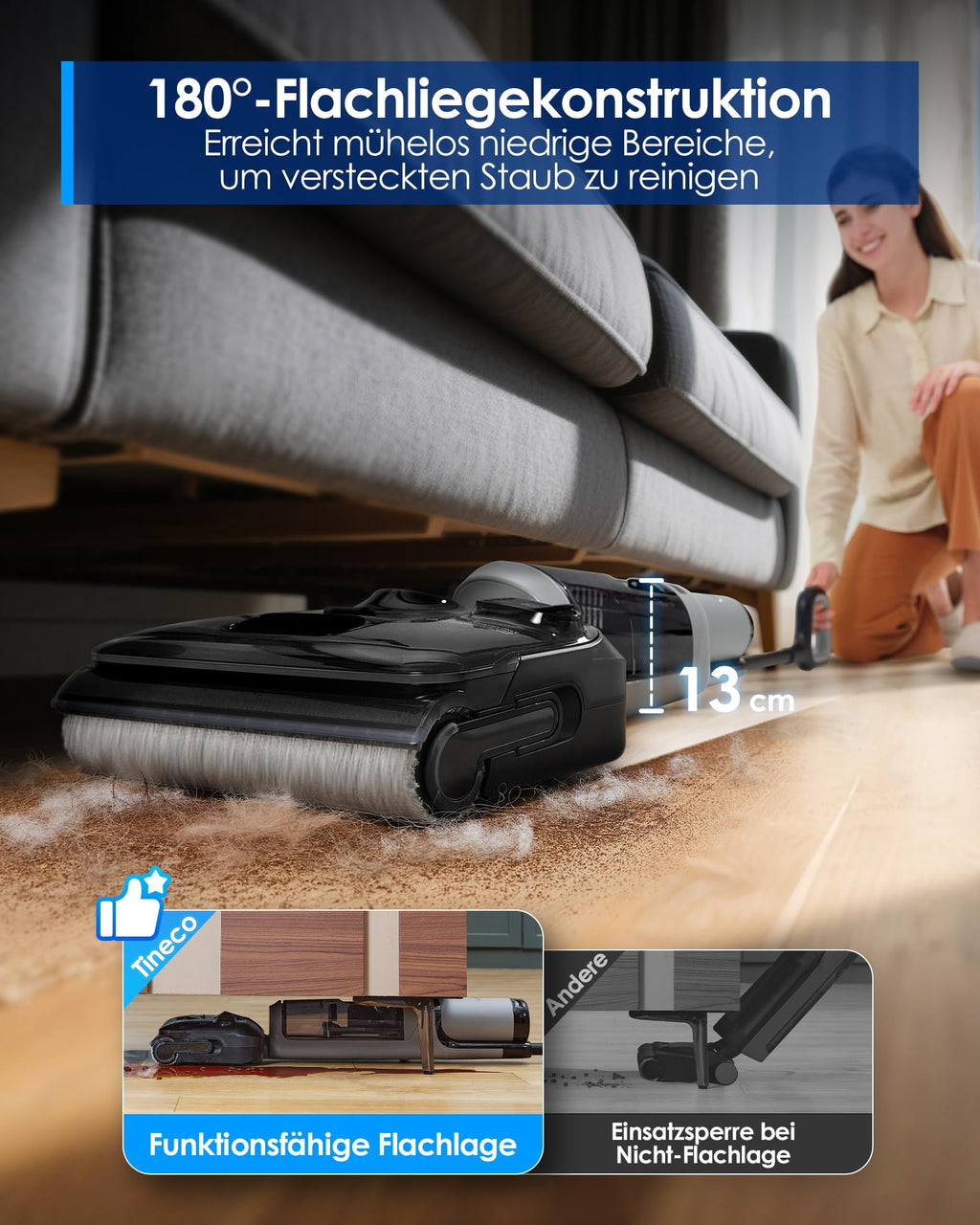 Tineco FLOOR ONE i5 Stretch Nass Trockensauger, 2‑in‑1 Saugen & Wischen, 180° Lay-Flat Waschsauger, 20kPa Saugkraft, Beidseitige Kantenreinigung, 30 Min Laufzeit, Anti-Tangle staubsauger für Tierhaare
