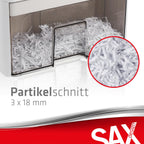 Sax Aktenvernichter Bruno – Partikelschnitt 3x18mm, Schreddert Papier, CDs & Karten, 220mm Zuführungsöffnung, 2 Blatt A4 Kapazität, 3,5L Behälter, Leise bis 70dB, Ideal für Büro & Home-Office