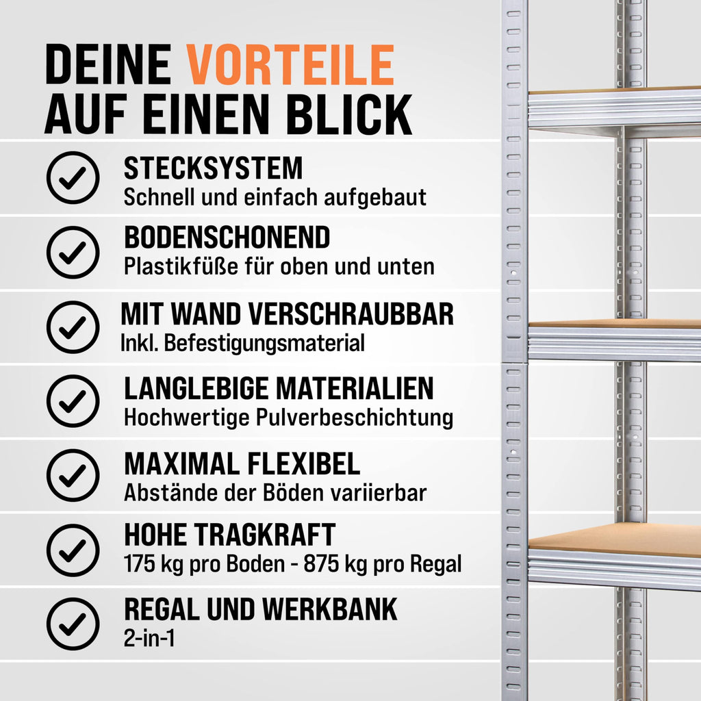 Monzana® 2X Schwerlastregal 180x90x40cm Befestigungsmaterial 1750kg 10 MDF-Platten Kellerregal Lagerregal Steckregal Metallregal Werkstattregal Silber
