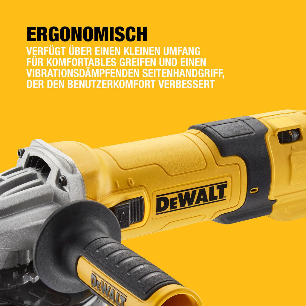 DEWALT 125 mm Winkelschleifer mit Beton-Oberflächenset DWE4257KT-QS (1.500 Watt, Epoxyd-Harz gepanzerte Wicklung, Sanftanlauf, mit 125mm Staubhaube, Bügelgriff und Diamant-Topfscheibe), DWE4257KT-QS