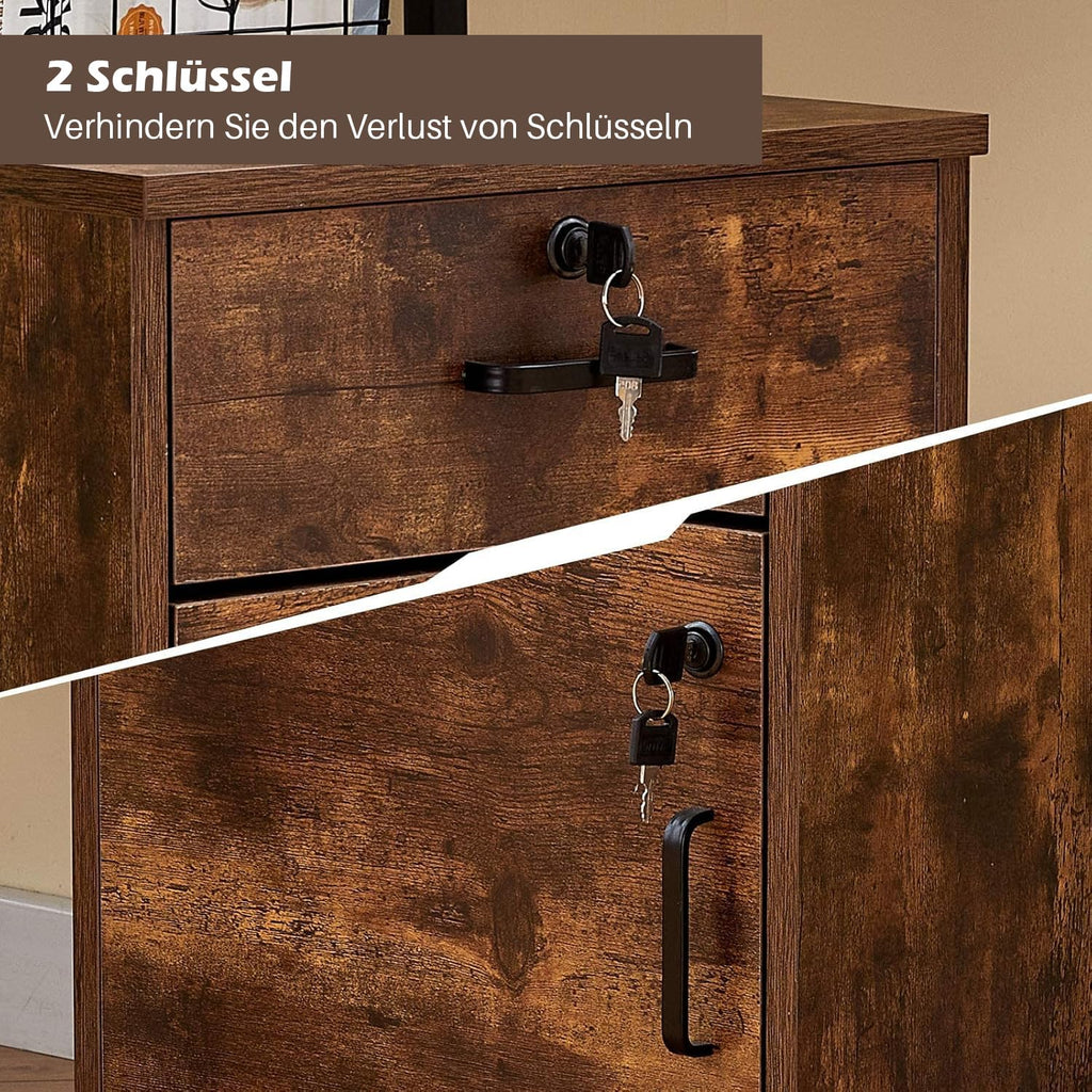 TUKAILAI Rollcontainer Abschließbar mit 3 Schubladen, Lagerung Fach und Offene Regale, Aktenschrank, Büroschrank mit Rollen, Dokumente in DIN-A4, Legal, Letter-Format, Büromöbel, braun