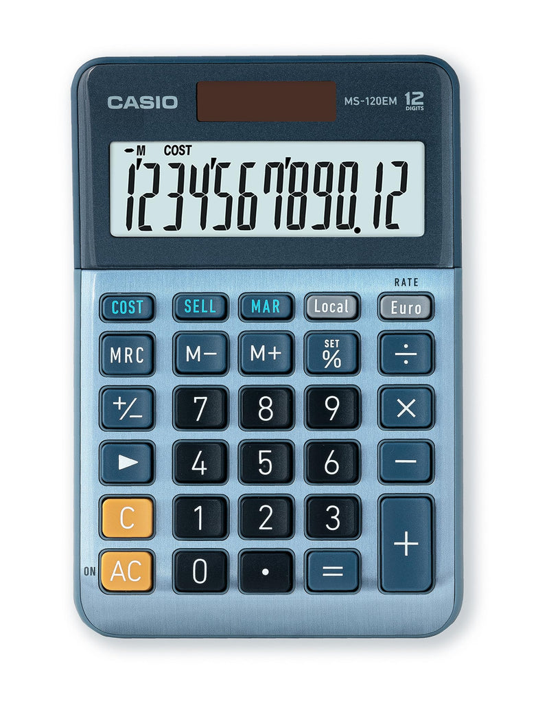 Casio Tischrechner MS-120EM 12-stellig Währungsumrechnung Cost/Sell/Margin Aluminiumfront Solar-/Batteriebetrieb