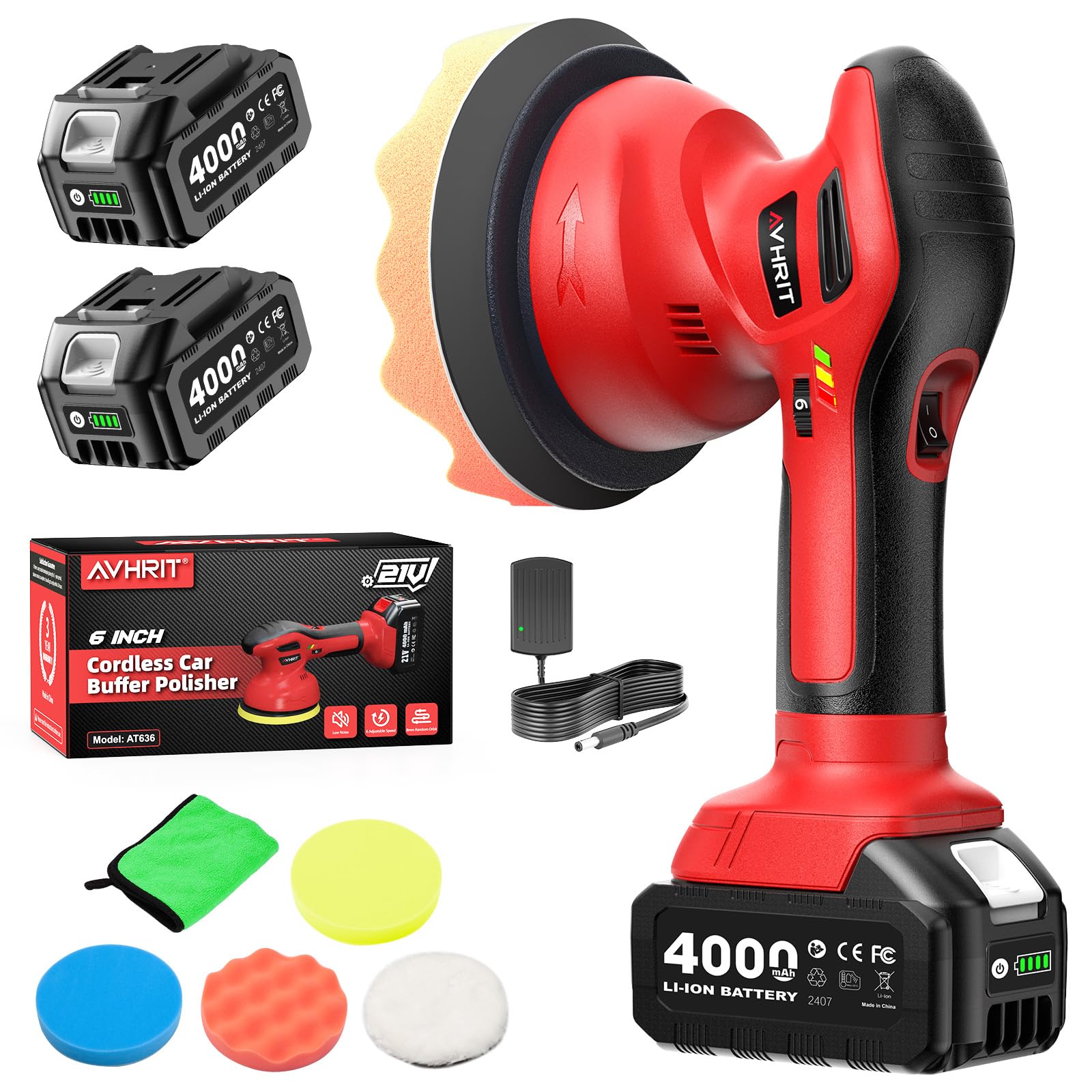 2025 Poliermaschine Auto Akku, 2x4000mAh Batterie (Bis zu 6000 U/min) Poliermaschine Auto, 6'' Autopolierer, 8 mm Exzenter-Poliermaschine für Auto-und Bootspflege, Polieren Wachsen Auto Detaillierung