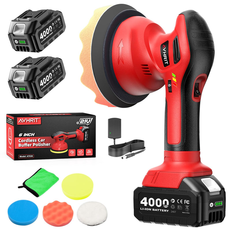 2025 Poliermaschine Auto Akku, 2x4000mAh Batterie (Bis zu 6000 U/min) Poliermaschine Auto, 6'' Autopolierer, 8 mm Exzenter-Poliermaschine für Auto-und Bootspflege, Polieren Wachsen Auto Detaillierung
