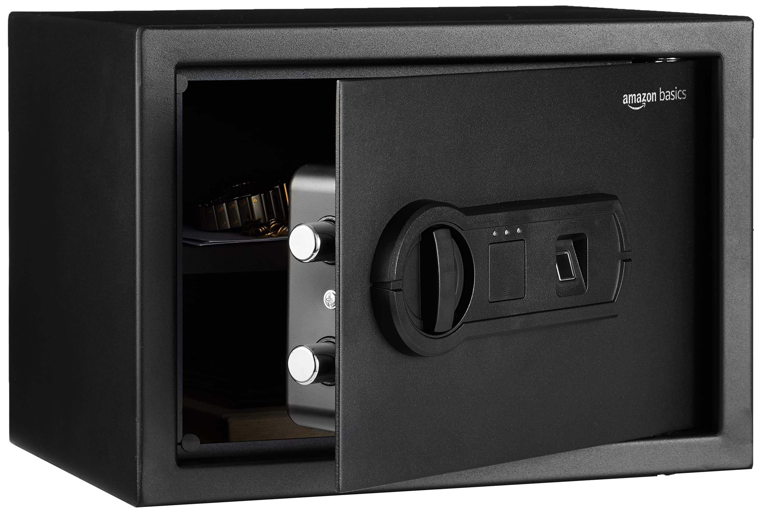 Amazon Basics Stahl-Safe, Sicherheit für Zuhause, mit biometrisch Fingerabdruckschloss, schützt Bargeld, Schmuck, Ausweisdokumente, 14 L Volumen, schwarz, 35 cm B x 24.9 cm T x 24.9 cm H