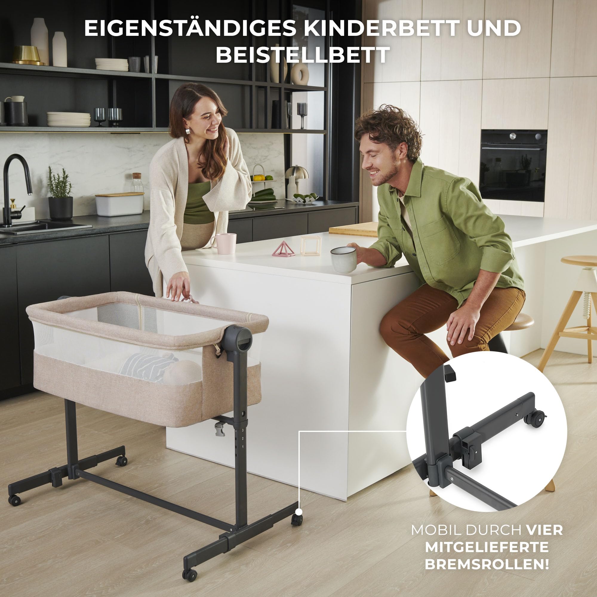 Kinderkraft Neste UP2 Beistellbett 2 in 1, Kinderreisebett mit Matratze Laken, 5-stufige Matratzenhöhenverstellung, 4 Rädern mit Bremse, Weichen Material, Leichte Konstruktion, Grau