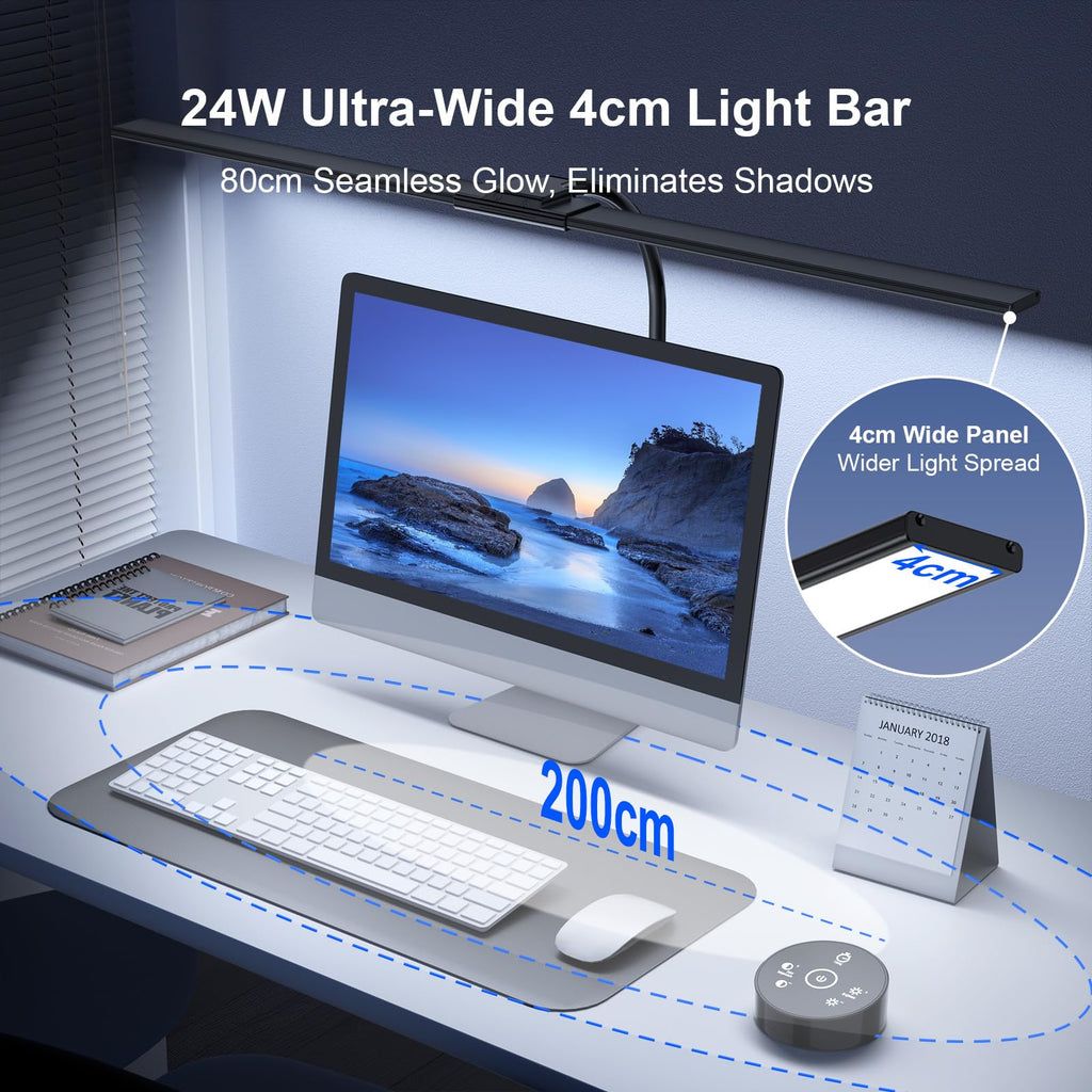YICAIZI Schreibtischlampe LED Dimmbar - 1500LM 24W Klemmbar Büroschreibtischlampe mit Fernbedienung, 80CM Schwanenhals Schreibtisch Lampe USB-Ladeanschluss, für Büro & Zuhause, Schwarz