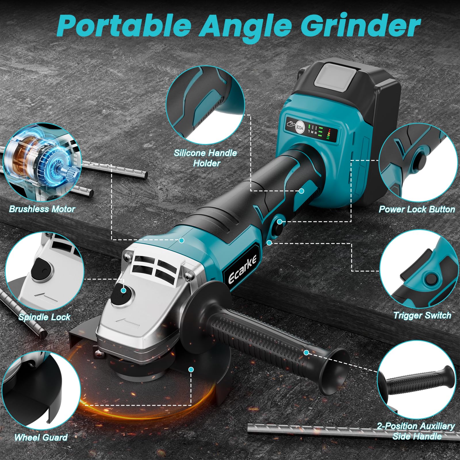 Ecarke Akku Winkelschleifer kompatibel mit Makita Akku 18V Li-Ion, 900W Bürstenloser Profi-Schleifer, 9000U/min, 12.5cm Scheibendurchmesser mit Winkelschleiferschlüssel (Ohne Akku und Ladegerät)