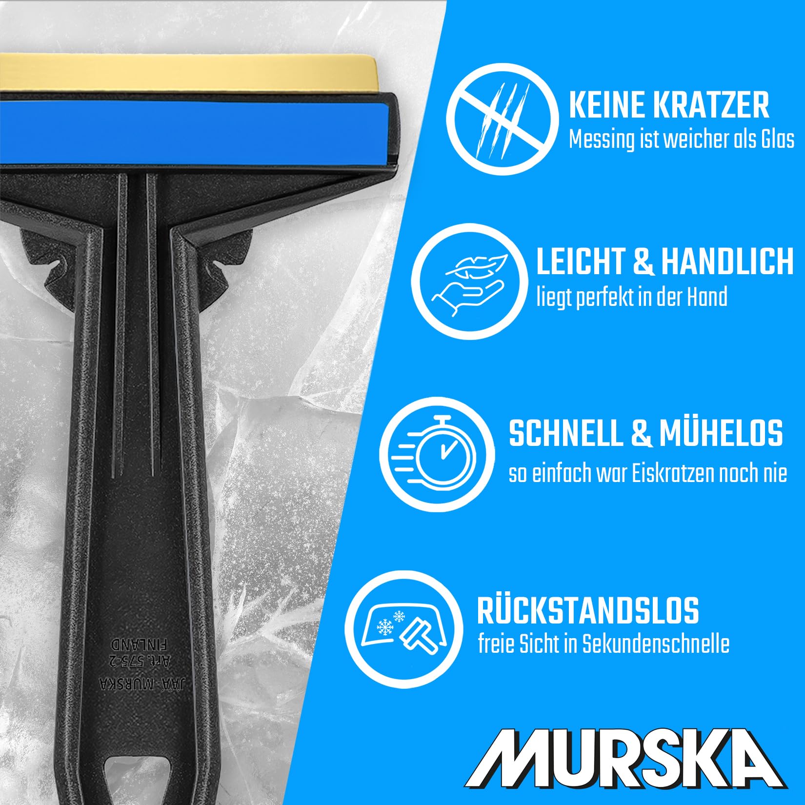 Eiskratzer Auto [2 Stück] - Messing TESTSIEGER 2024* - schnell, mühelos & schonend - Murska Scheibenkratzer Auto - effizient & sicher Schneekratzer Auto - Premium HIPS & Messingklinge - aus Finnland