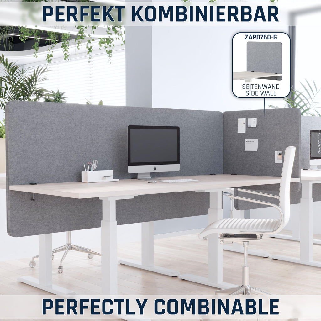 RICOO ZAP1680-G Akustik Trennwand Schreibtisch 160 x 80cm Sichtschutz Schreibtisch Trennwand Filz Pinnwand Grau Geräuschdämmung Akustik Diffusor Schallschutz Büro Tischtrennwand mit Tischklemme