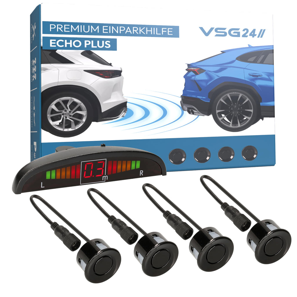 VSG24 Premium Einparkhilfe hinten mit Display zum nachrüsten am Auto, PDC Parksensoren hinten mit Stecksystem für einfachste Montage - 4 Rückfahrwarner Sensoren Parkhilfe Nachrüstsatz Schwarz
