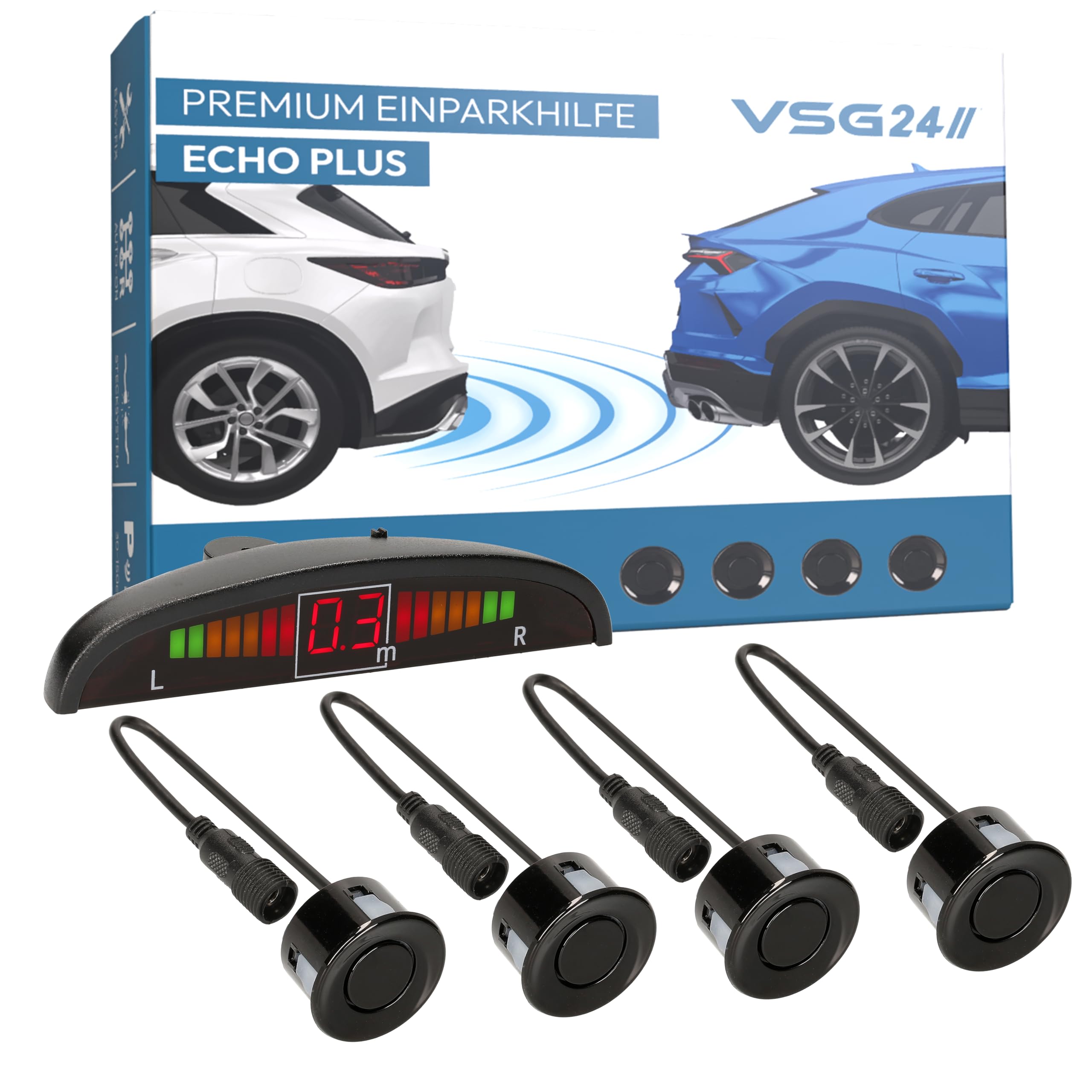 VSG24 Premium Einparkhilfe hinten mit Display zum nachrüsten am Auto, PDC Parksensoren hinten mit Stecksystem für einfachste Montage - 4 Rückfahrwarner Sensoren Parkhilfe Nachrüstsatz Schwarz