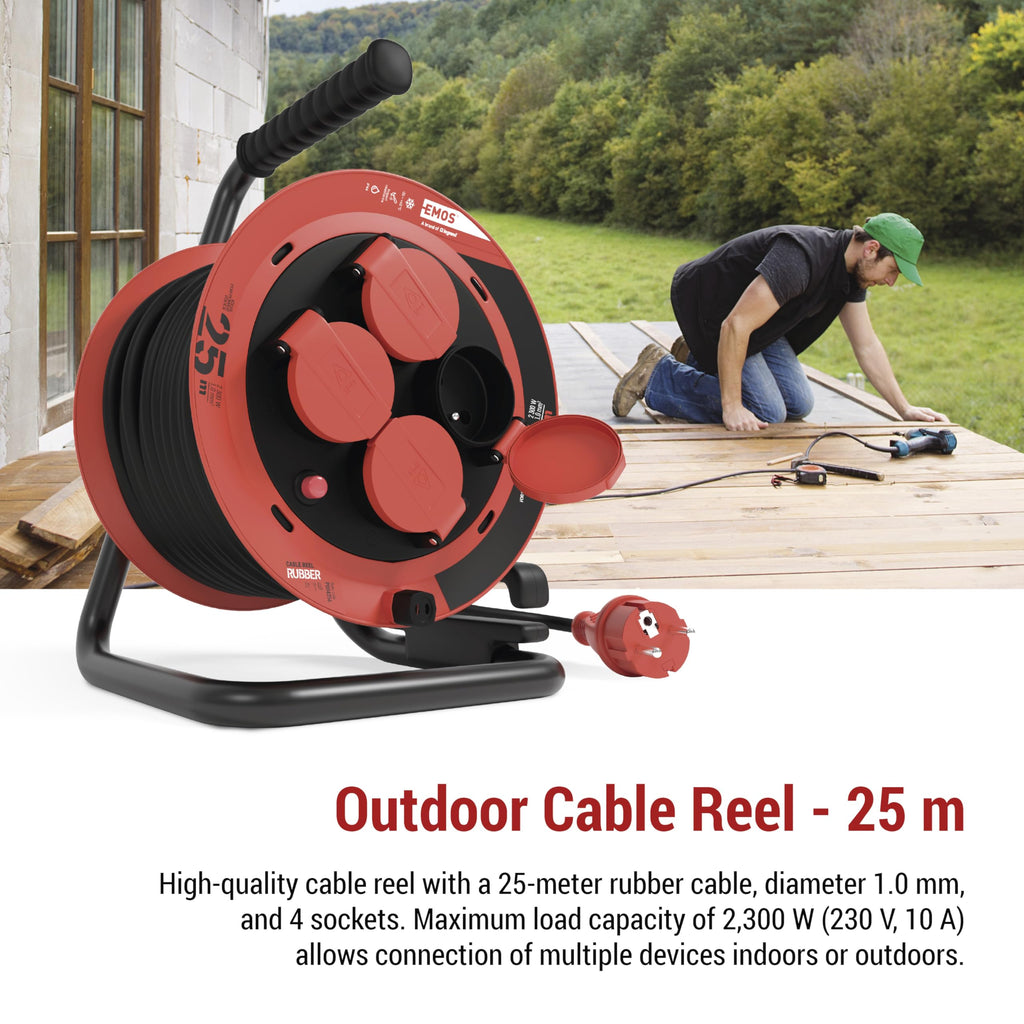 EMOS - Kabeltrommel 25m in FRENCH Standard - 1,0 mm2 - IP44 für Außenbereich
