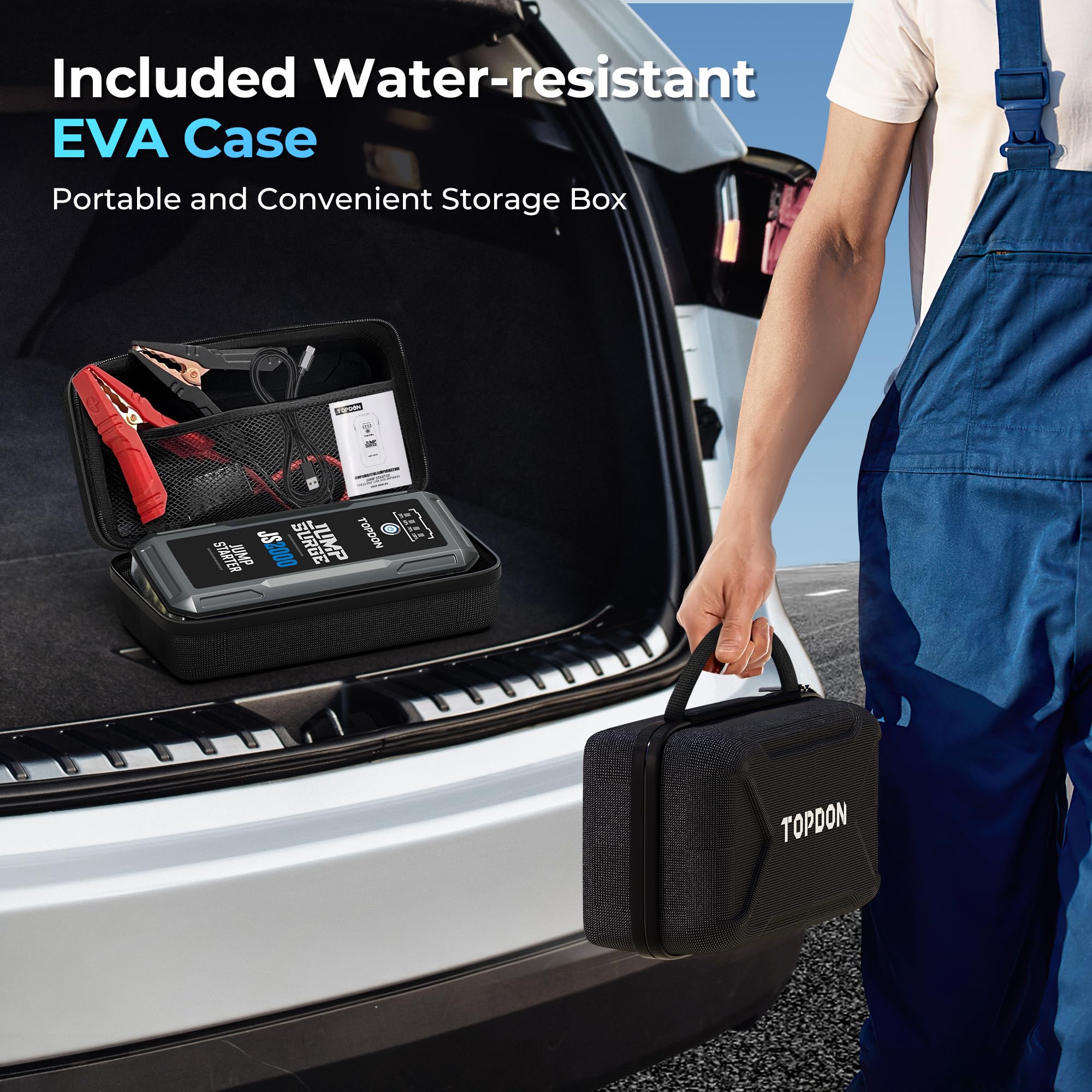 TOPDON JS2000Pro Starthilfe Powerbank, 2500A Jump Starter Auto Batterie Booster für bis zu 8L Benzin&6L Dieselmotoren, Auto Starter Powerpack PKW/Kfz mit Starthilfekabel/Eva Tasche/Eingebaute LED