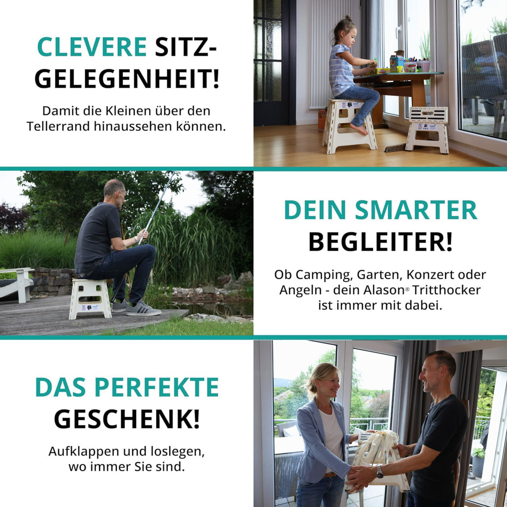 VERGLEICHSSIEGER - Alason® Tritthocker Klappbar 39 cm, Belastbar bis 200 kg – Mit Aufhängehaken & Aufbewahrungstasche – Platzsparender, Faltbarer Hocker in Weiß/Beige für Zuhause, Küche, Bad & Garage