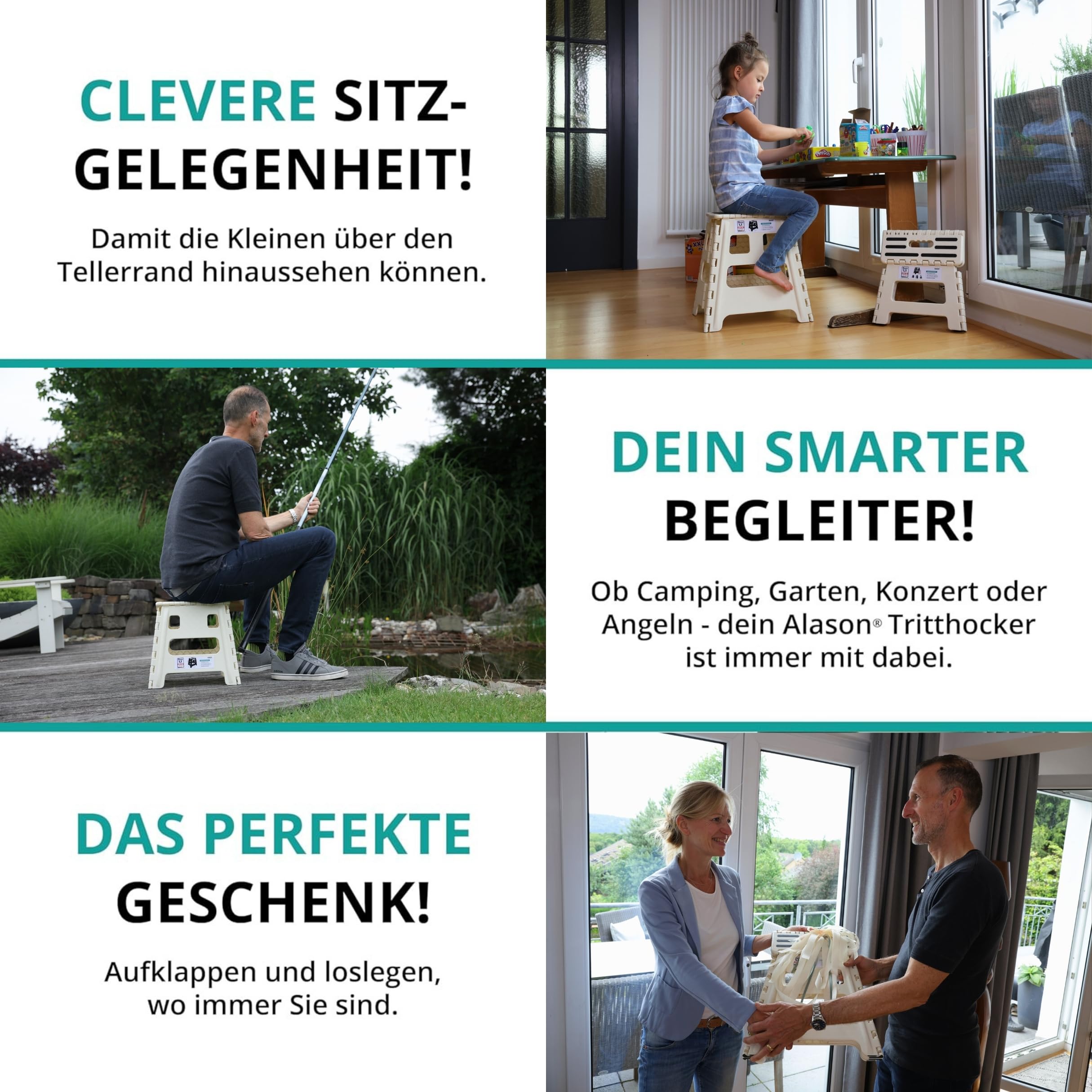 VERGLEICHSSIEGER - Alason® Tritthocker Klappbar 39 cm, Belastbar bis 200 kg – Mit Aufhängehaken & Aufbewahrungstasche – Platzsparender, Faltbarer Hocker in Weiß/Beige für Zuhause, Küche, Bad & Garage