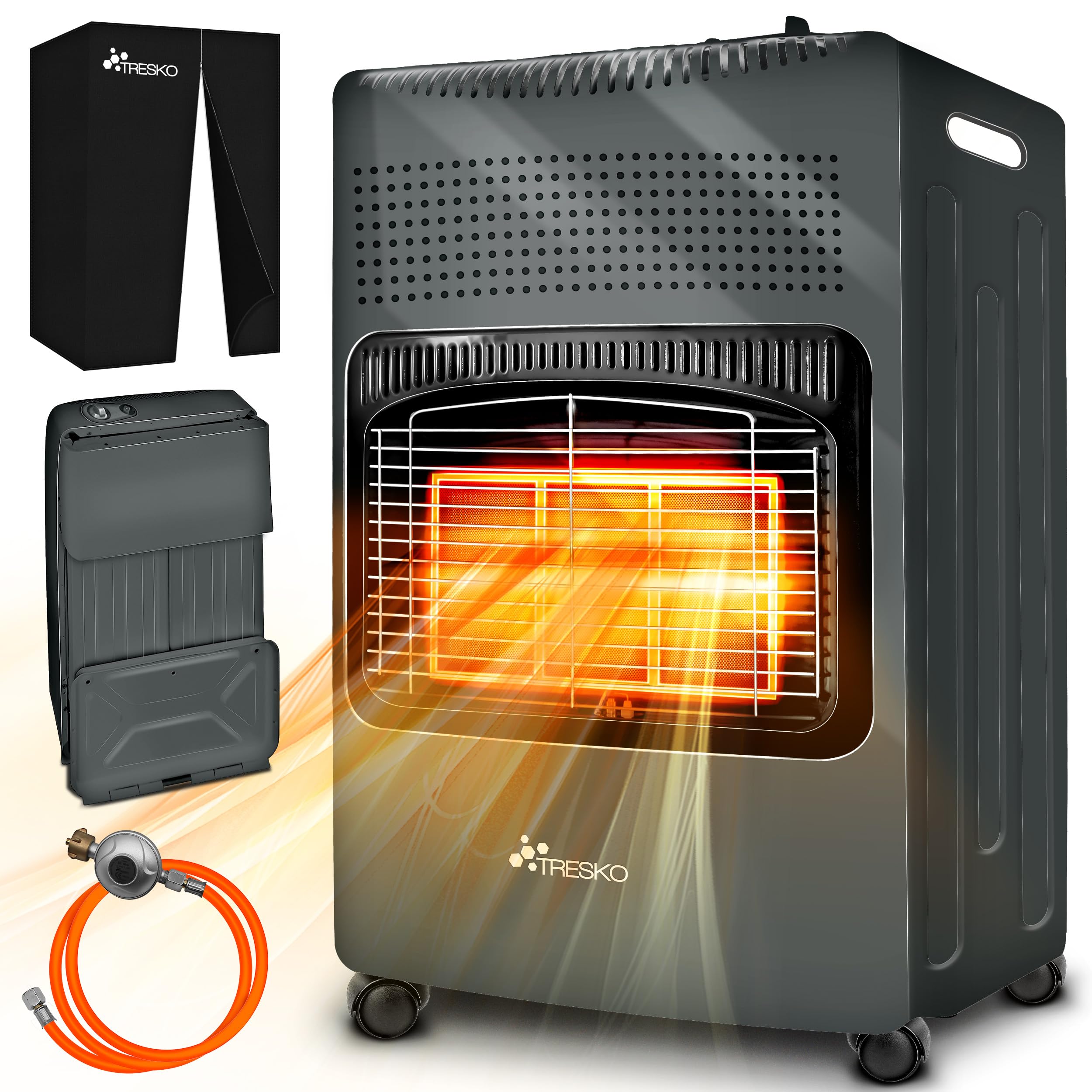 TRESKO 4200 Watt Gasheizung inkl. Gasdruckregler Gasschlauch + Abdeckung | Gasheizer Gasofen Gasheizofen mit 3 Stufen | Infrarot Gasheizgerät (Anthrazit)