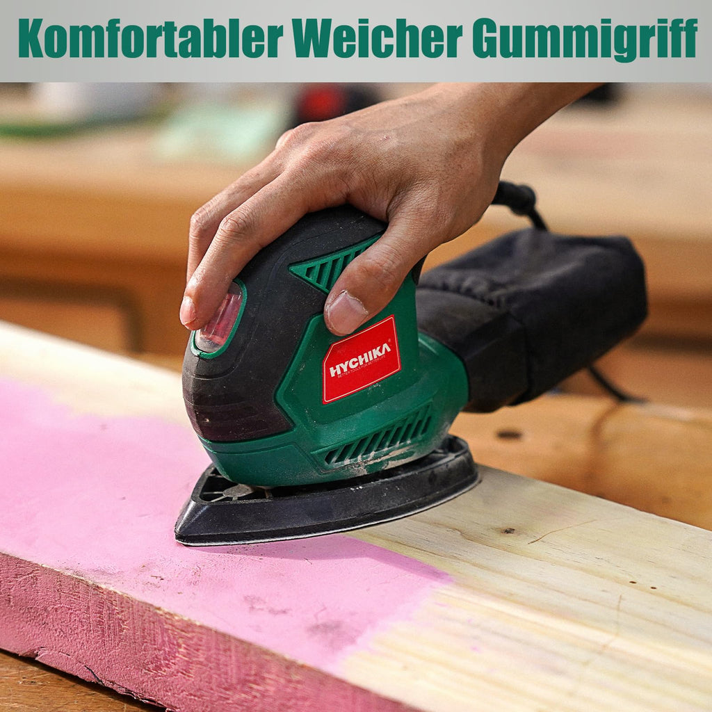 HYCHIKA Multischleifer, Deltaschleifer 200W, mit 12 Schleifblätter (Körnung 80/120/240), 14000 U/min, Klettfix-System, Staubsaugbeutel, Schleifmaschine für Ecke & Kante, Metal & Holz
