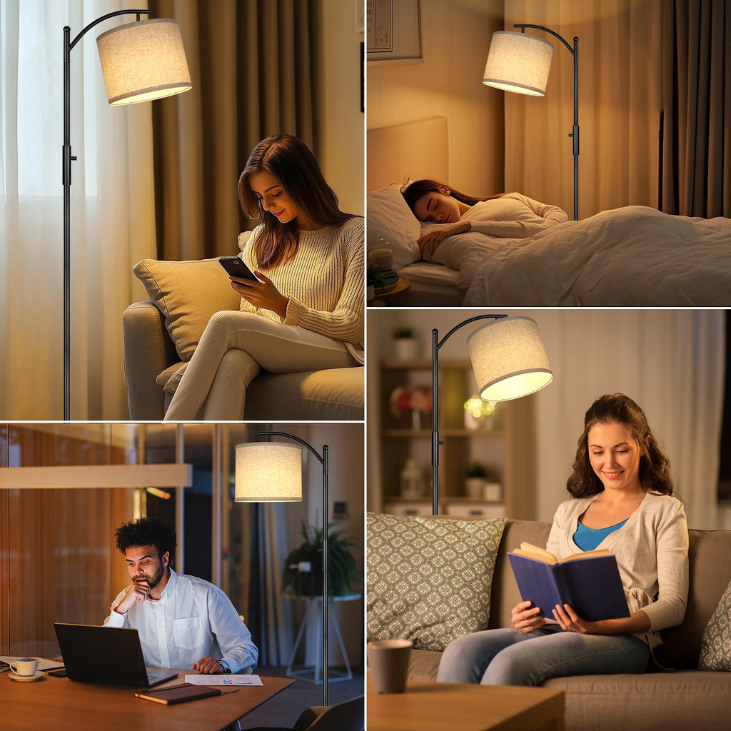 ROTTOGOON Dimmbare Stehleuchte Bogen Stehlampen für Wohnzimmer Stufenlos Dimmbare Moderne Stehlampe mit Leinenschirm Hohe Lampe für Schlafzimmer Büro Esszimmer- Schwarz