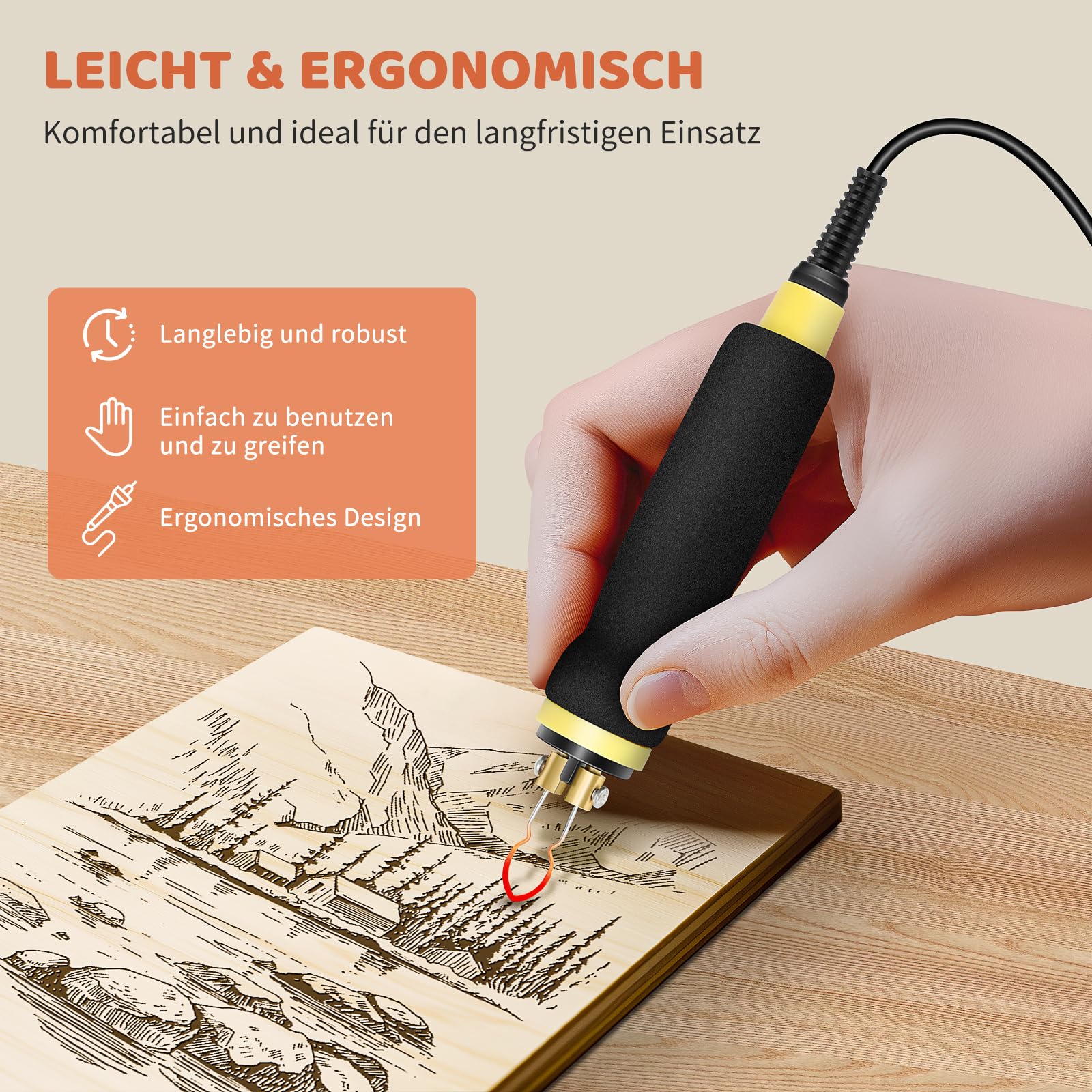 BURNNOVE Holz Pyrographie Set 100W, 100–750°C, Doppel-Pyrographie-Stifte mit LCD-Display, 21 Spitzen, Temperaturregelung, Komplettset für Holz, Leder, Kunsthandwerk