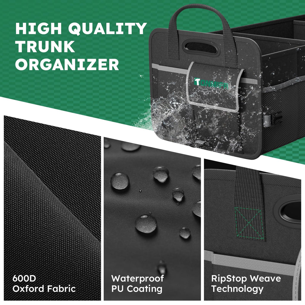 Tonmifr Robuster Kofferraum-Organizer mit großer Kapazität, Multifach-Aufbewahrungsbox für SUV, Kombi & Kleinwagen, faltbar aus 600D Oxford mit 2 Sicherungshaken & reflektierenden Streifen, 92 Liter