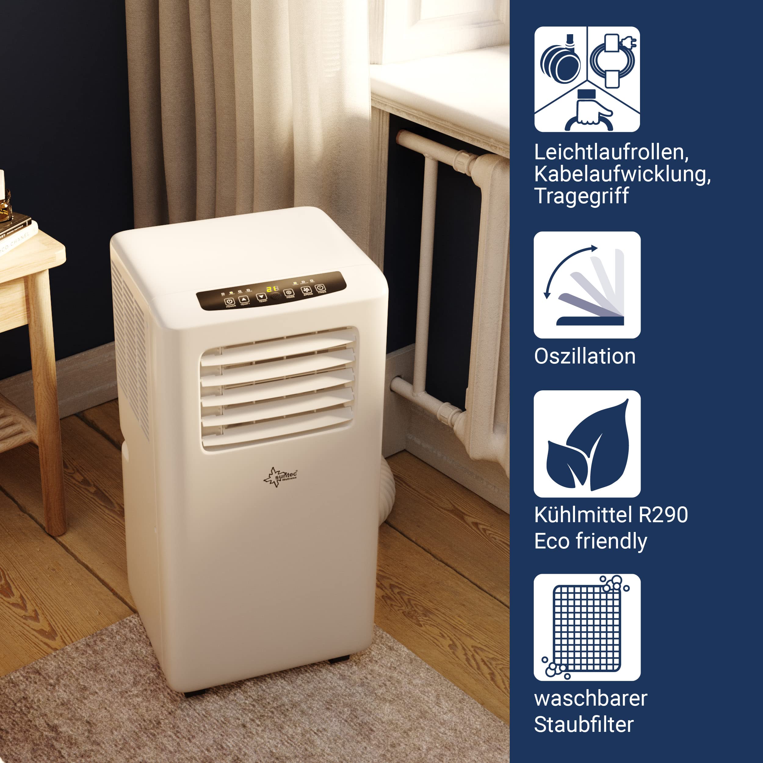 SUNTEC Mobiles Klimagerät Impuls 2.0 Eco R290 – Klimaanlage mobil und leise mit Abluftschlauch – Kühler & Entfeuchter für Räume bis 25 qm – Mobile Kühlung für Wohnung & Büro – 7.000 BTU – 2050 Watt