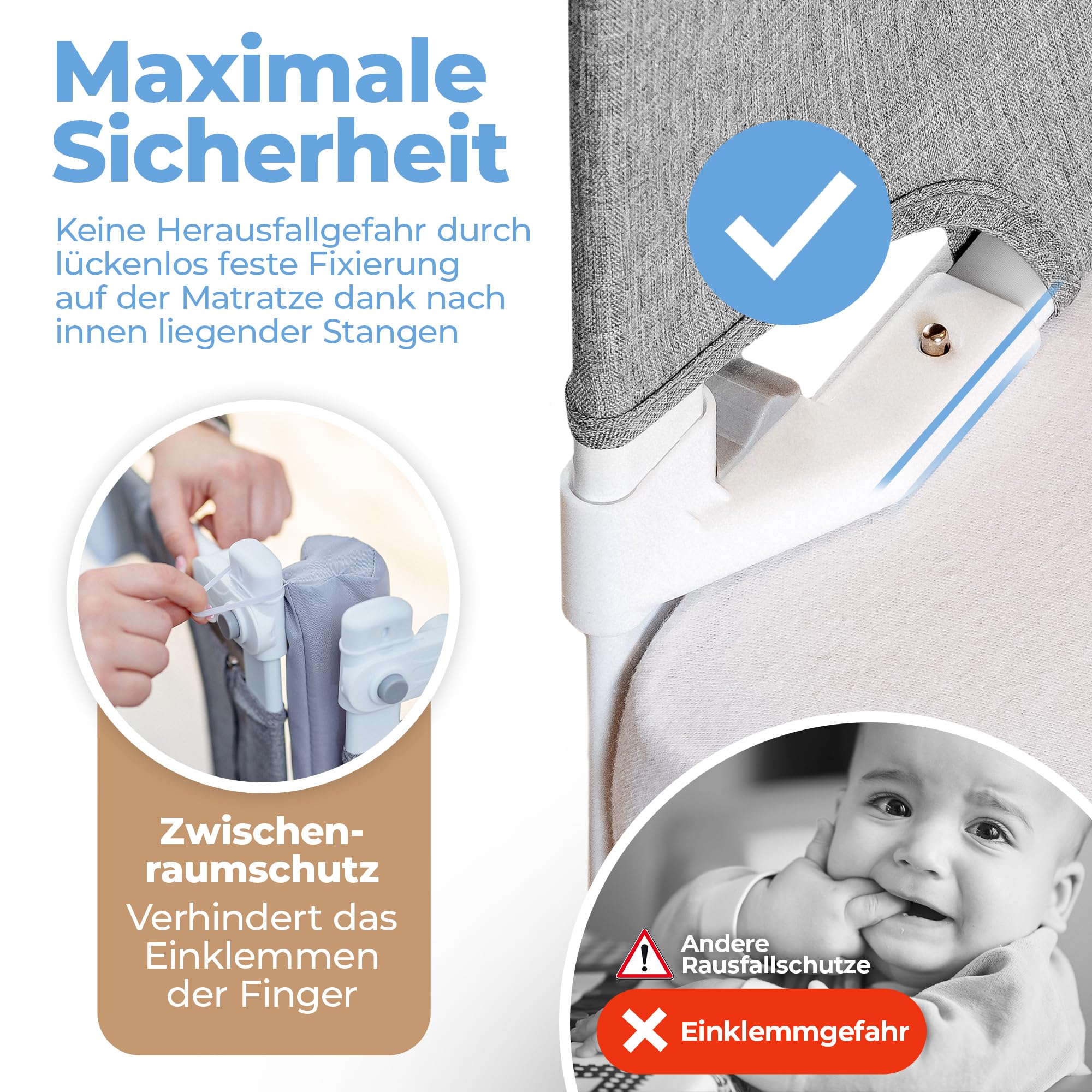 Zwergenbuddy® Rausfallschutz Boxspringbett & Elternbett (180x200cm) [8-teiliges Rausfallschutz Bett Set] Stabilitätsstange & Zwischenraumschutz – Bettgitter ist Laborgeprüft