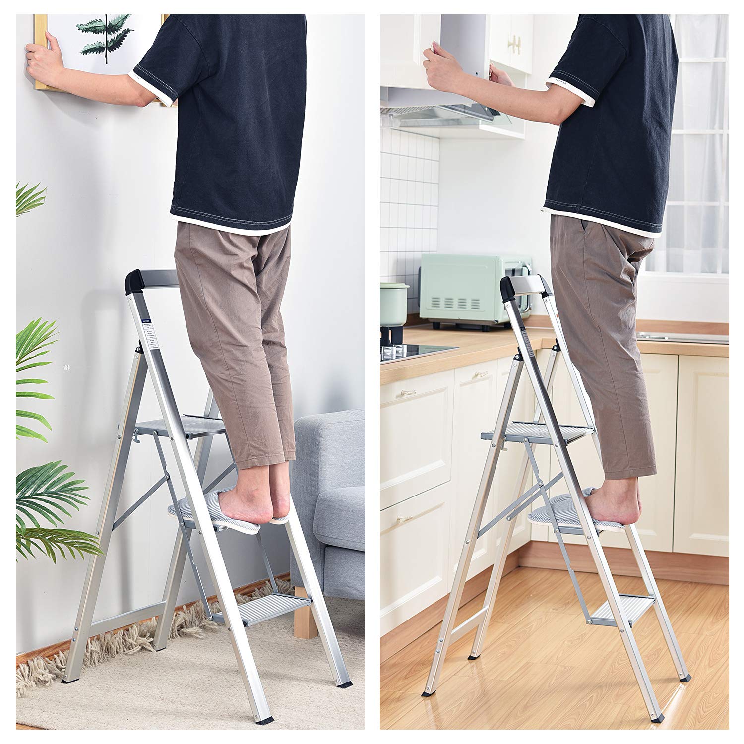 KINGRACK Leiter Aluminium, Trittleiter 3 stufen klappbar, leiter 3 stufen mit Handlauf Belastbar bis 150 kg, rutschfeste Haushaltsleiter mit Klappsicherung, Aluleiter für Zuhause, Büro, Garten, Silber