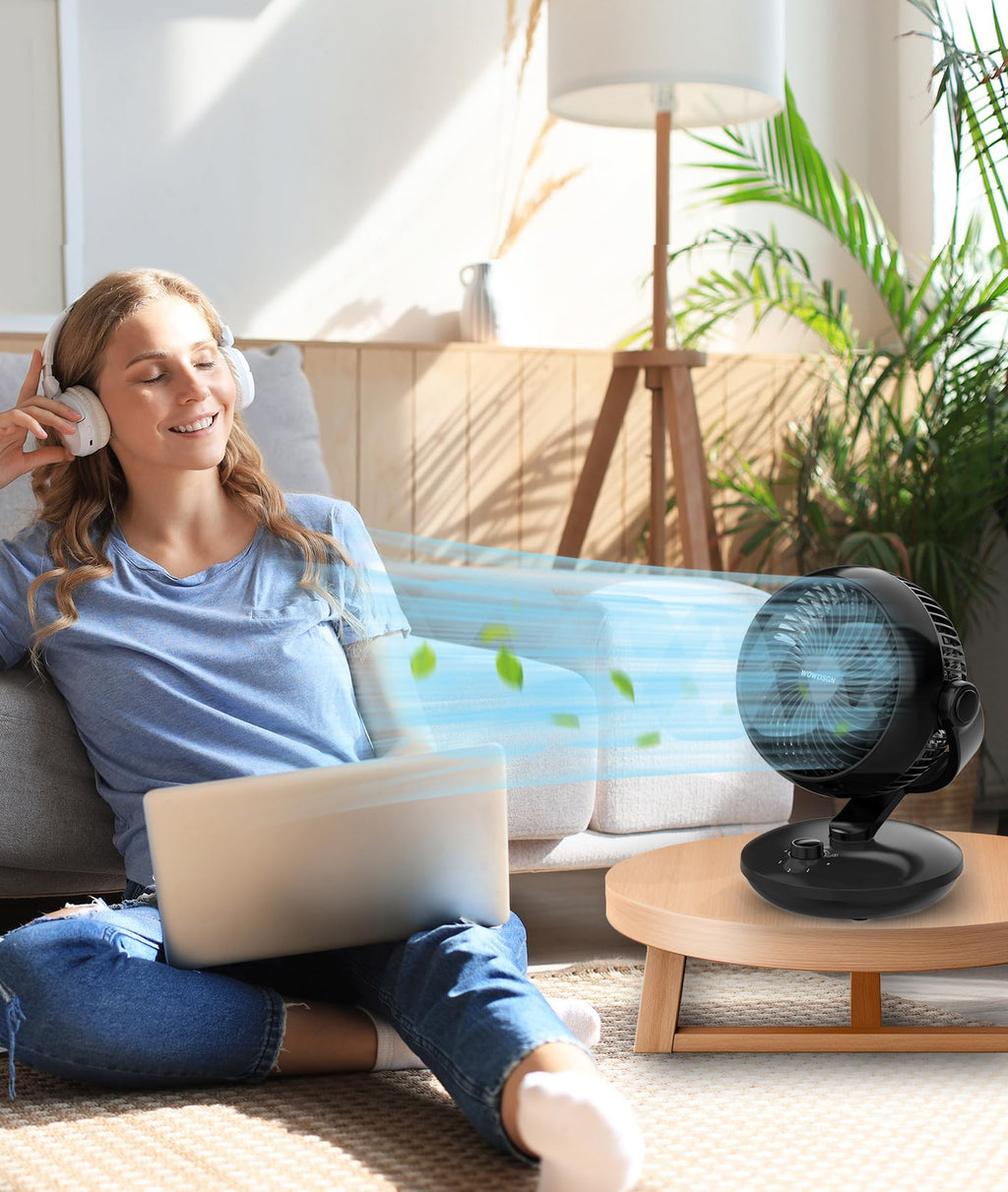 WOWDSGN Ventilator Leise, Tischventilator 24dB, Leistungsstarker 3D Turbo-Luftzirkulator - 100° & 80° Oszillation - 3 Geschwindigkeitsstufen für Schlafzimmer Wohnzimmer Büro Küchen - Schwarz