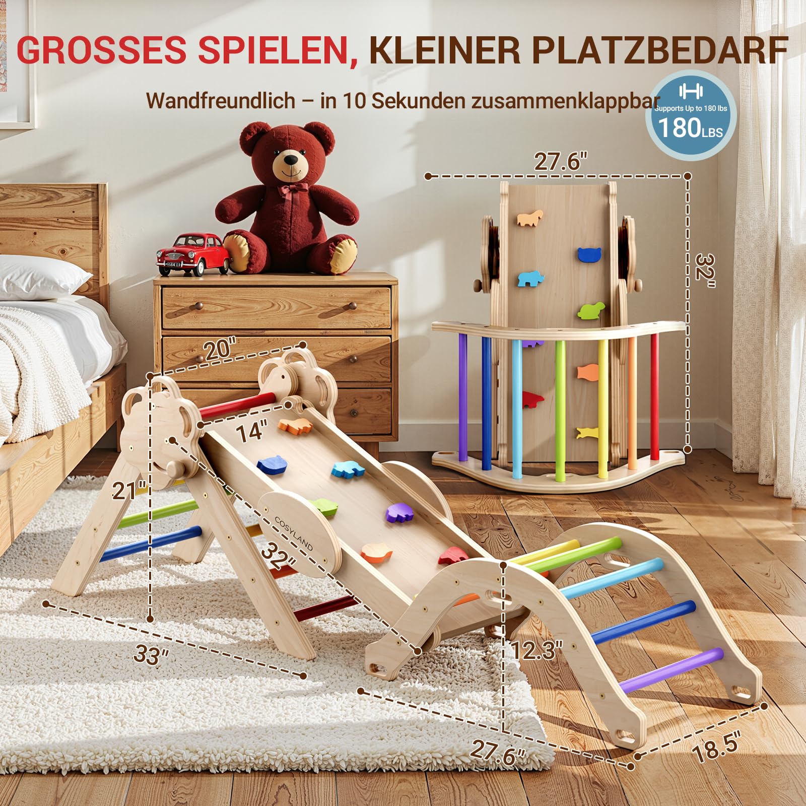 COSYLAND 8-in-1 Montessori Klettergerüst Indoor ab 1 Jahr – Kletterdreieck mit Rutsche, Kletterbogen & Kletterturm, Klassischer Regenbogen – Indoor Klettergerüst für Kinder, Baby Klettern Indoor