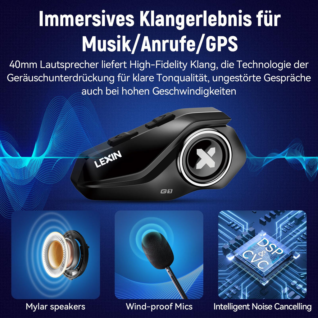 LEXIN G1 Motorrad Bluetooth 5.0 Kopfhörer, Helm Headset für Musik und Navi-Ansage Hören, Freihändiger Anruf, Sprachbefehl-Assistenten, HD Lautsprecher, DSP und CVC Geräuschunterdrückung, Einzelpack