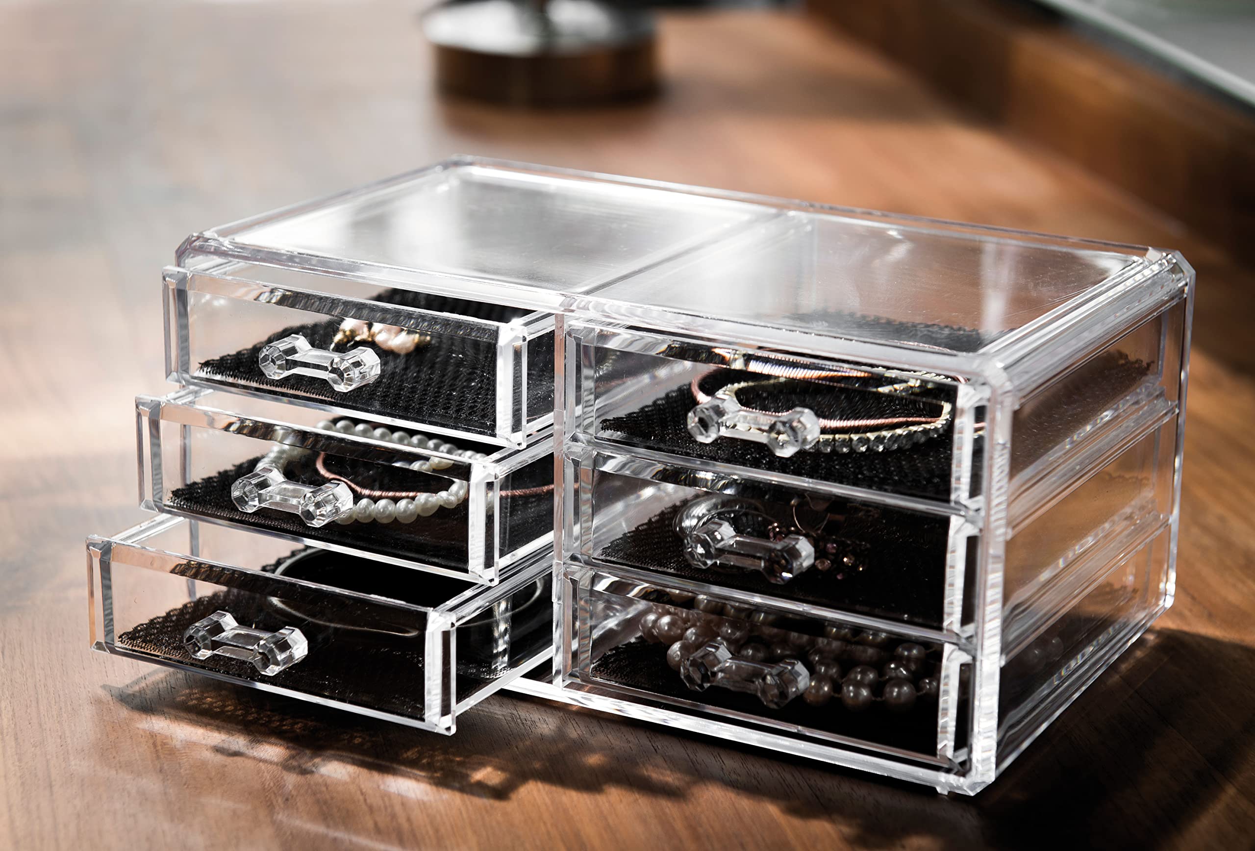 Compactor RAN6044 Make-up- und Schmuck-Aufbewahrungsbox mit 6 Schubladen, transparent, Polystyrol und Stoff, 23,8 x 15 x Höhe 11 cm