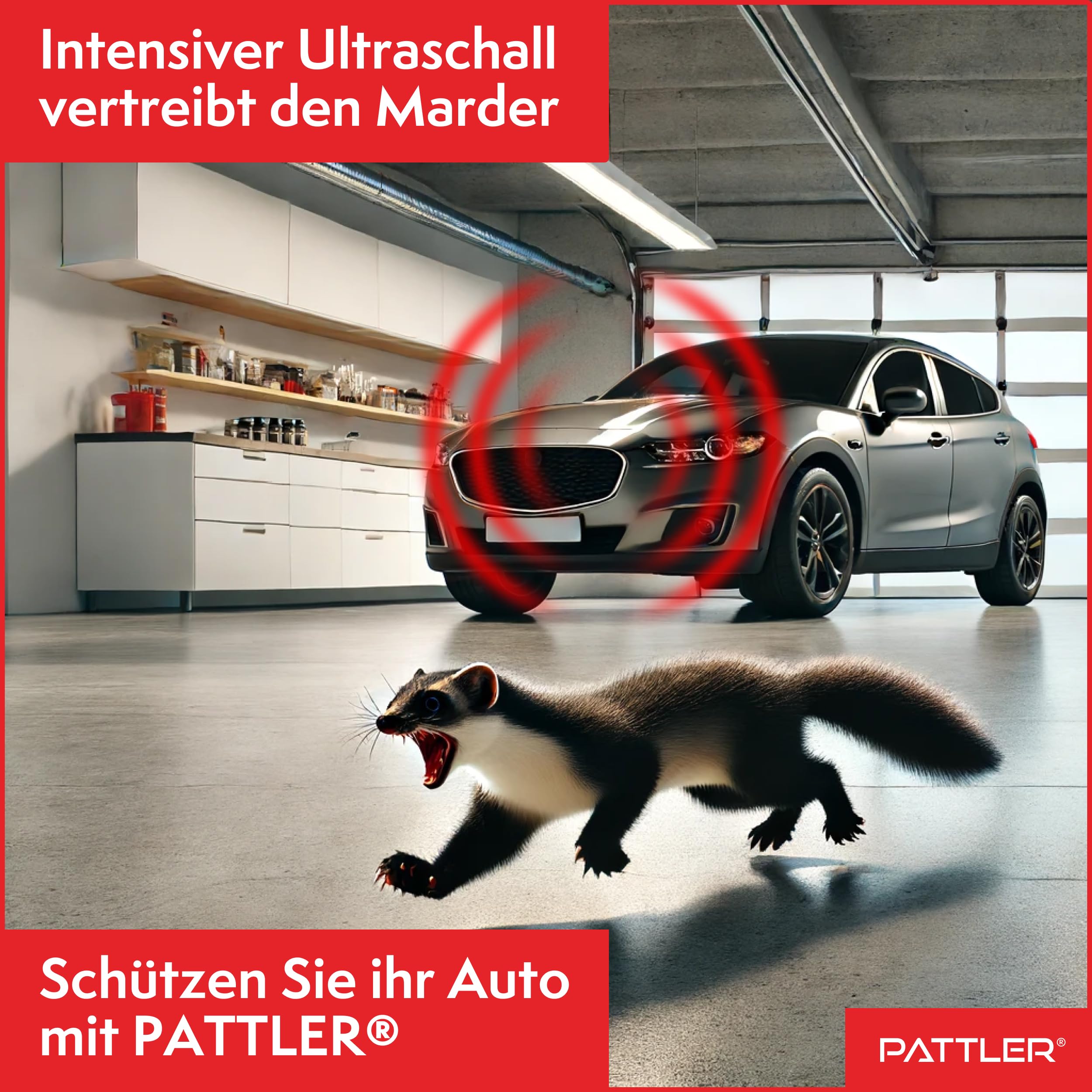 PATTLER® Marderschreck Auto - Marderabwehr mit Ultraschall. Anschluss an 12V Autobatterie. Sofortiger & Langfristiger Marderschutz im Motorraum