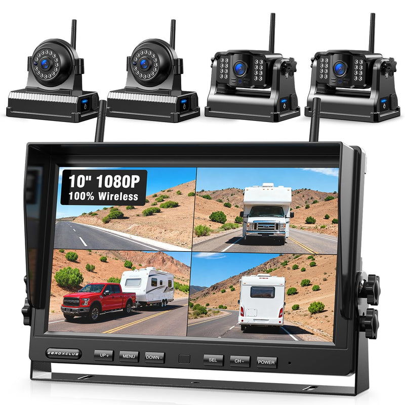 4 Magnetische Rückfahrkamera Kabellos, 10 Zoll 1080P FHD Monitor, 9600mAh Wiederaufladbare Akku, 1-Min Einrichtung, IP69K Wasserdicht Rückfahrkameras für Wohnmobile,Anhänger und LKWs