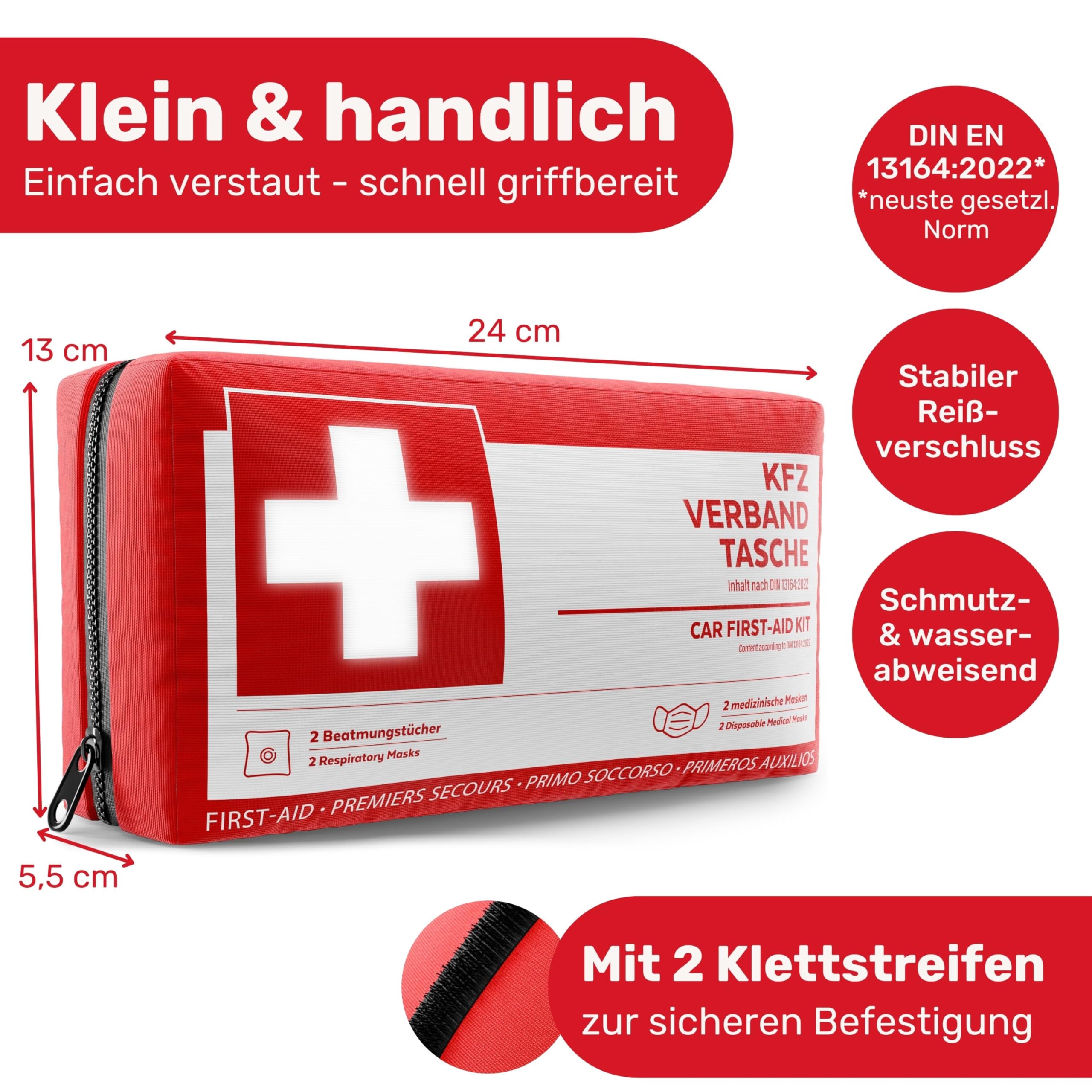 KFZ Verbandstasche nach aktueller Norm 2026 inkl. Beatmungstüchern - KFZ Verbandskasten europaweit nutzbar - Erste Hilfe Set Verbandkasten DIN 13164:2022 (StVO konform)