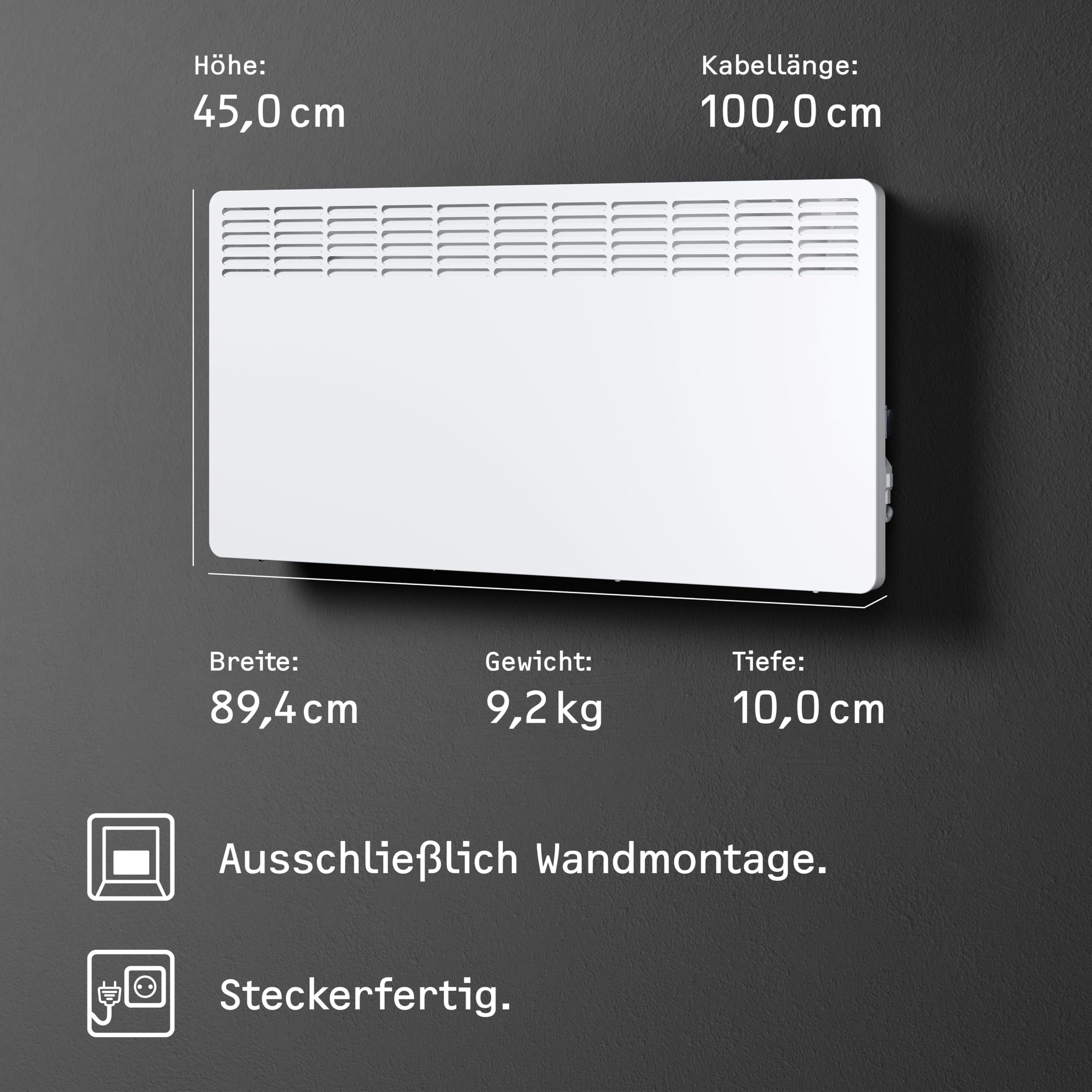 STIEBEL ELTRON Wandkonvektor CNS 250 Trend, 2,5 kW für ca. 30 m², TÜV geprüft, LC-Display, Wochentimer, Elektroheizung energiesparend, Wandmontage, mit Stecker, 236529