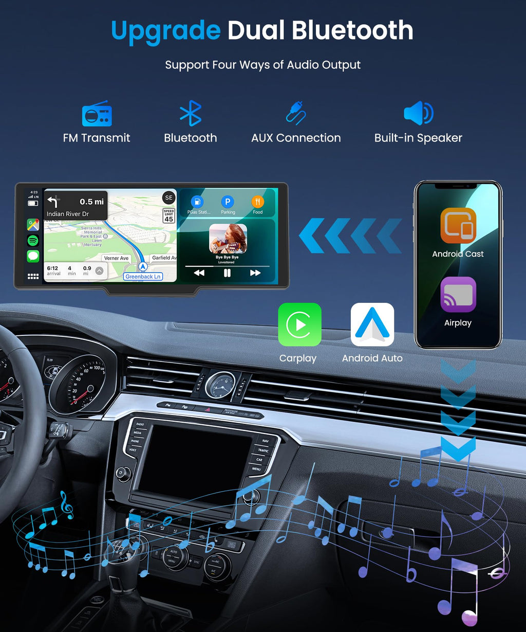 CarPlay & Android Auto Wireless, tragbares Podofo-Radio (10,26 Zoll) mit IPS-Touchscreen, unterstützt SuperLink OTA, Bluetooth, GPS, Sprachsteuerung, Mirror Link, FM, AUX