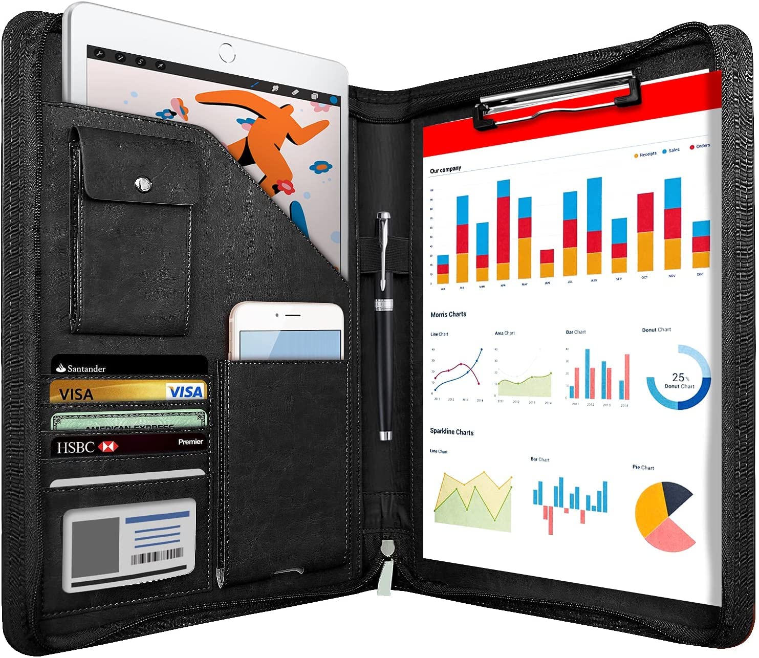 NEWYES NY-A403-BL-EU Konferenzmappe aus Leder, mit Reißverschluss, A4, Reisedokumentenmappe, Portfolio-Reisetasche, persönlicher Agenda-Organizer, 33,5 cm x 25 cm x 3,5 cm, Schwarz-Weiß
