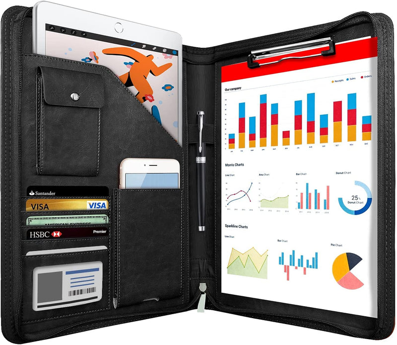 NEWYES NY-A403-BL-EU Konferenzmappe aus Leder, mit Reißverschluss, A4, Reisedokumentenmappe, Portfolio-Reisetasche, persönlicher Agenda-Organizer, 33,5 cm x 25 cm x 3,5 cm, Schwarz-Weiß