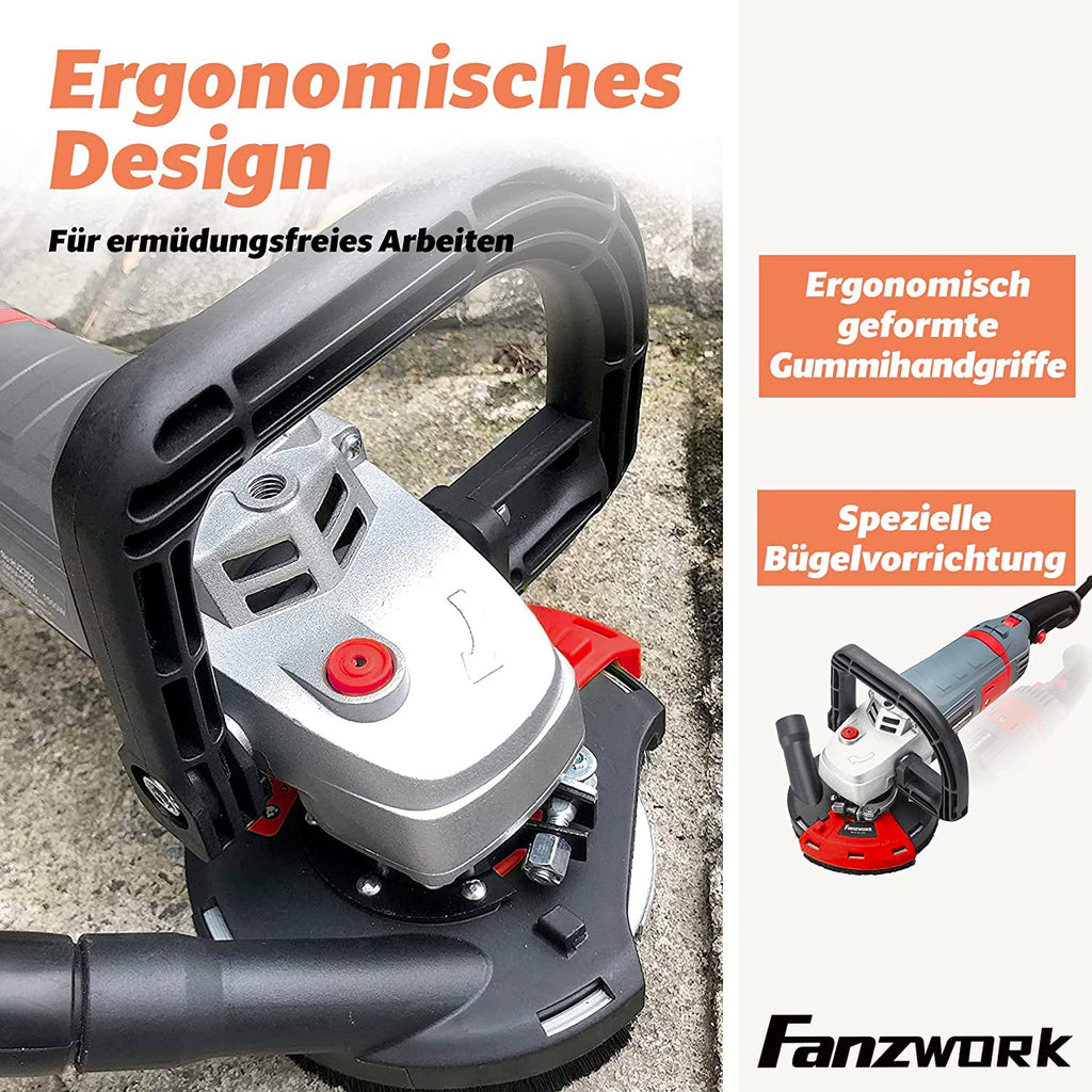 FANZWORK Betonschleifer Betonfräse Sanierungsfräse Set mit Diamantschleiftopf und Absaughaube, mit Drehzahlregelung (1500W/125mm+)
