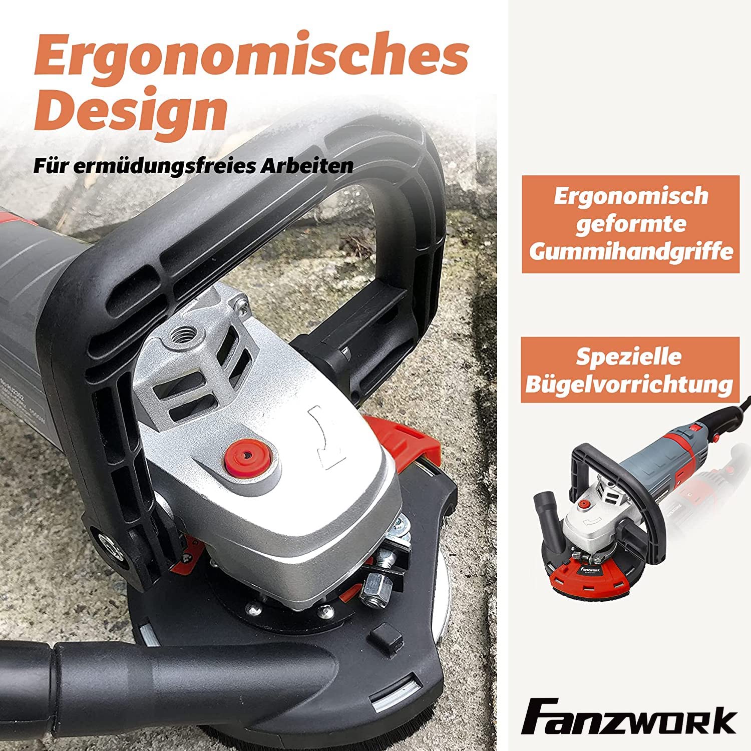 FANZWORK Betonschleifer Betonfräse Sanierungsfräse Set mit Diamantschleiftopf und Absaughaube, mit Drehzahlregelung (1500W/125mm+)