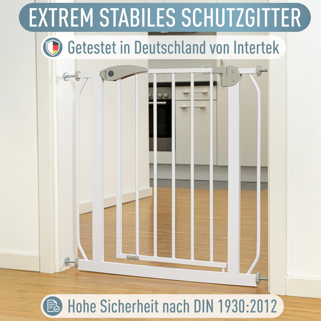 IB STYLE Türschutzgitter Berrin 105-115 cm - Treppenschutzgitter für Kinder, Klemmgitter für Hunde,Ohne Bohren, Weiß Grau